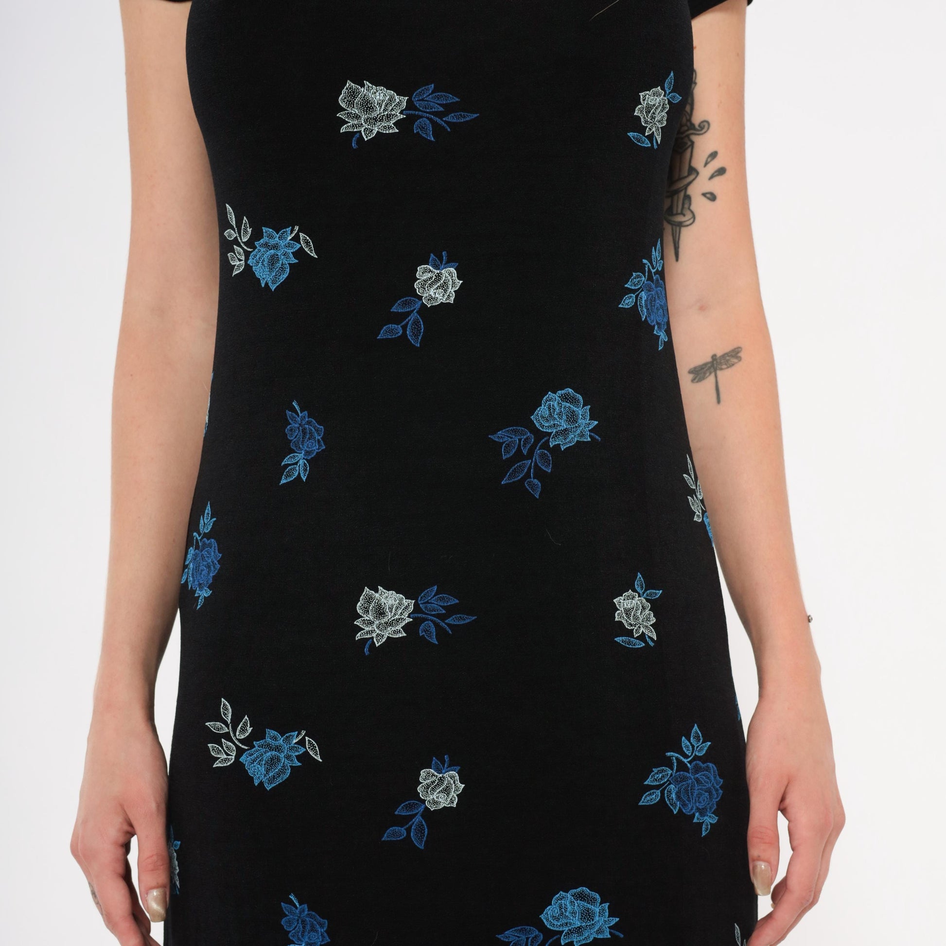90s Jalate Black Floral Maxi Dress Blue Rose Print Side Slit Medium
