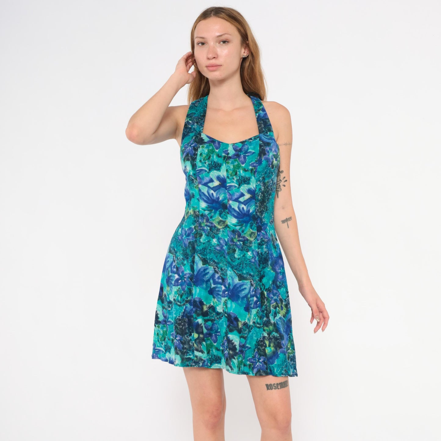 90s All That Jazz Floral Crossback Mini Dress Teal Sweetheart Neckline Small