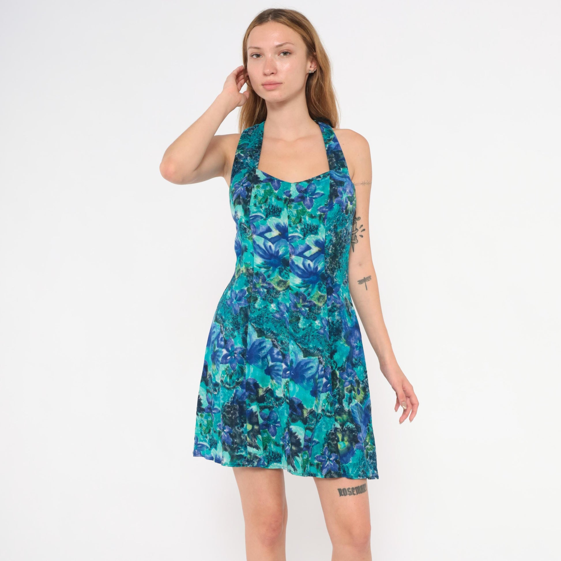 90s All That Jazz Floral Crossback Mini Dress Teal Sweetheart Neckline Small