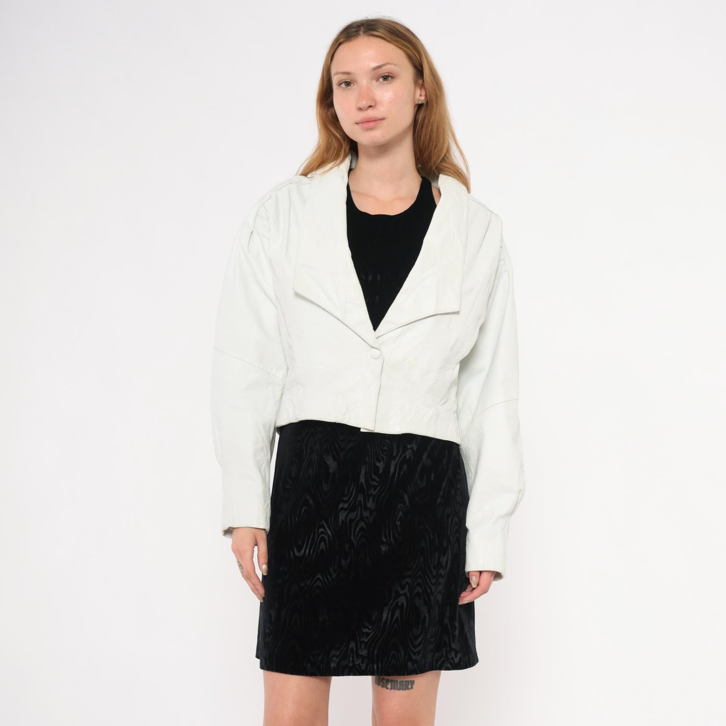 90s Chia Cropped Leather Jacket White Snap Front Batwing Sleeve Medium