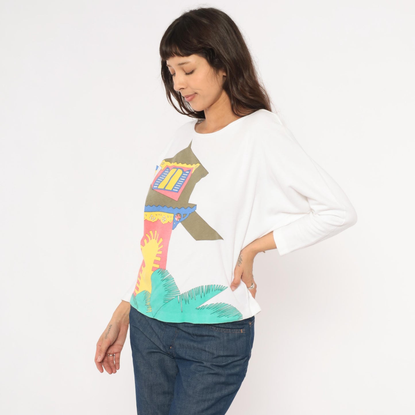 90s Tony Lambert Tropical House Cotton Graphic Tee Boat Neck Medium M