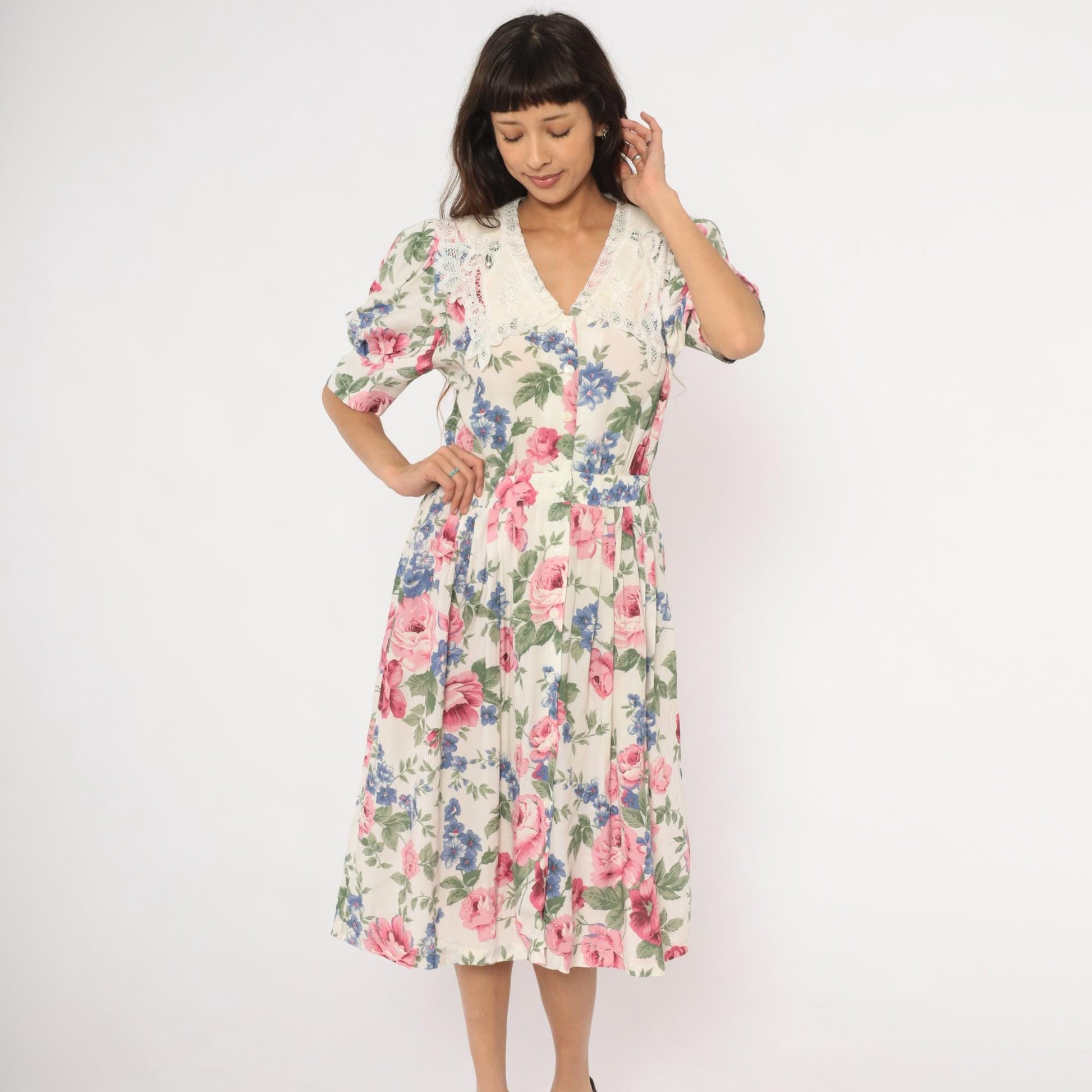 90s Karin Stevens Floral Midi Dress Lace Collar Puff Sleeve Pink Rose Large L