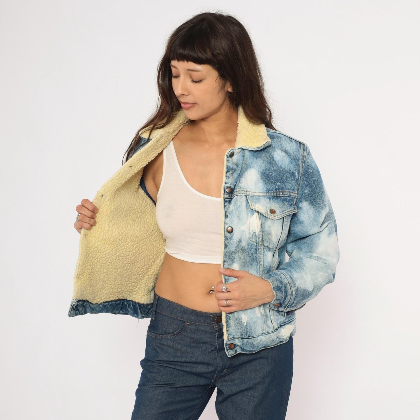 90s Silver Spur Western Acid Wash Denim Jacket Sherpa Lined Small