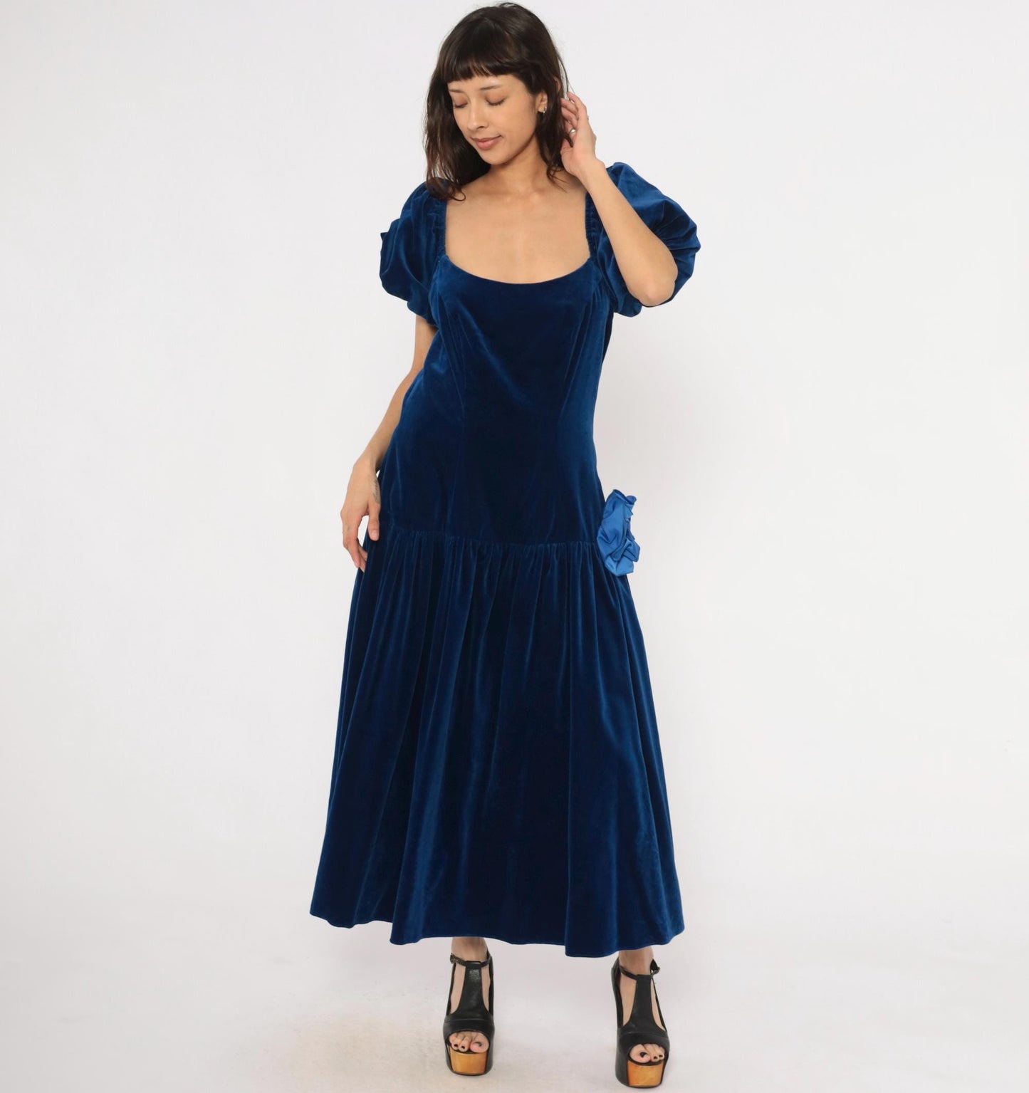 80s Bianchi Navy Velvet Maxi Gown Puff Sleeve Drop Waist Rosette Large L