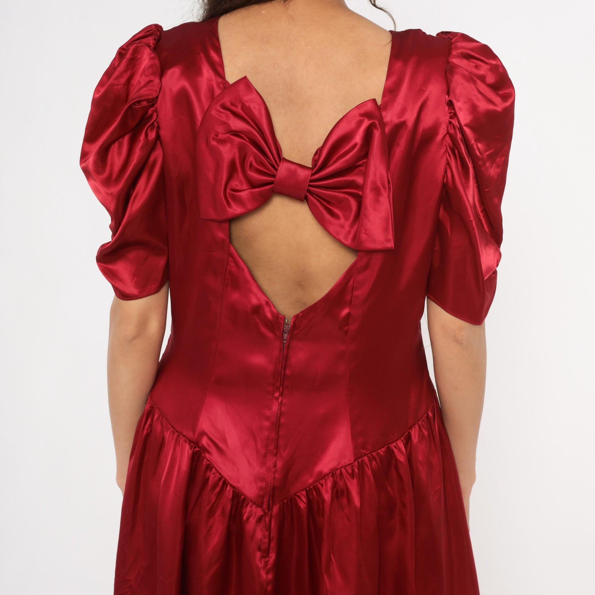 80s Burgundy Satin Midi Dress Puff Sleeve Sweetheart Neckline Bow Back Large L