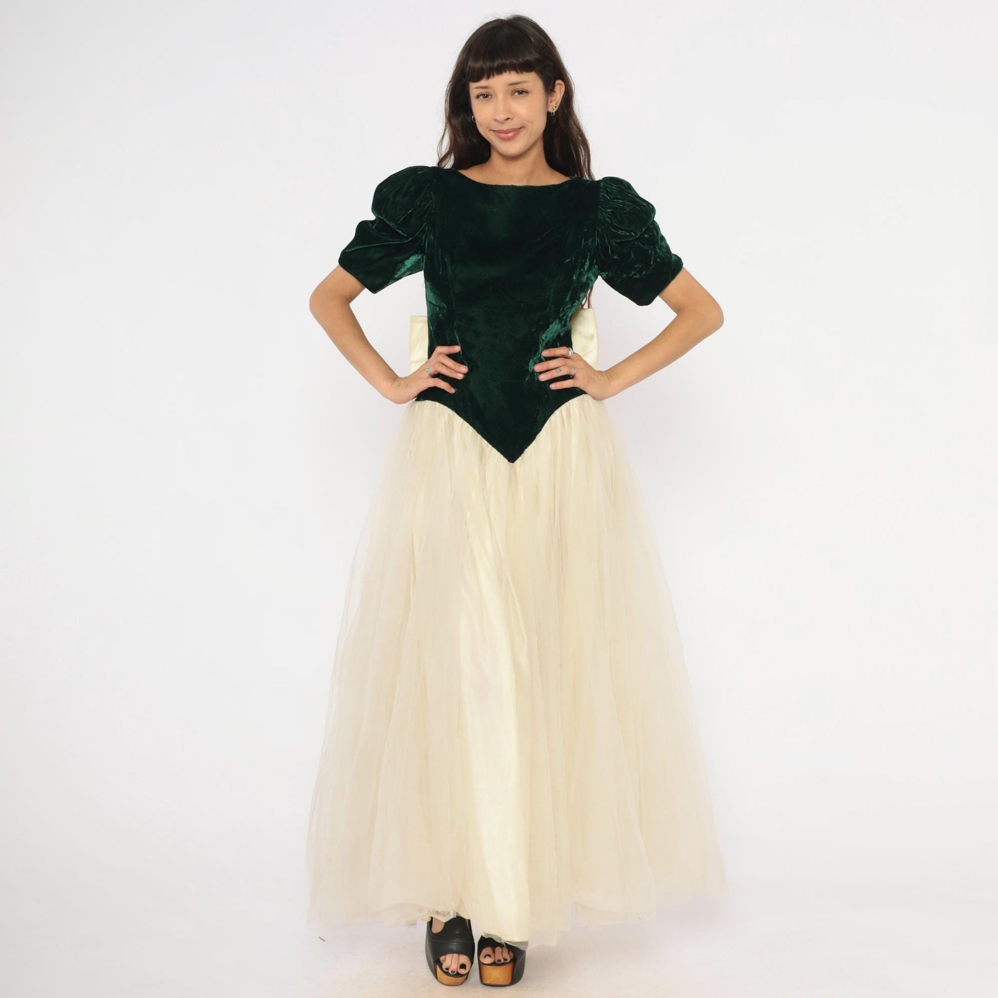 80s Emerald Velvet Puff Sleeve Gown Cream Tulle Skirt Basque Waist Medium M