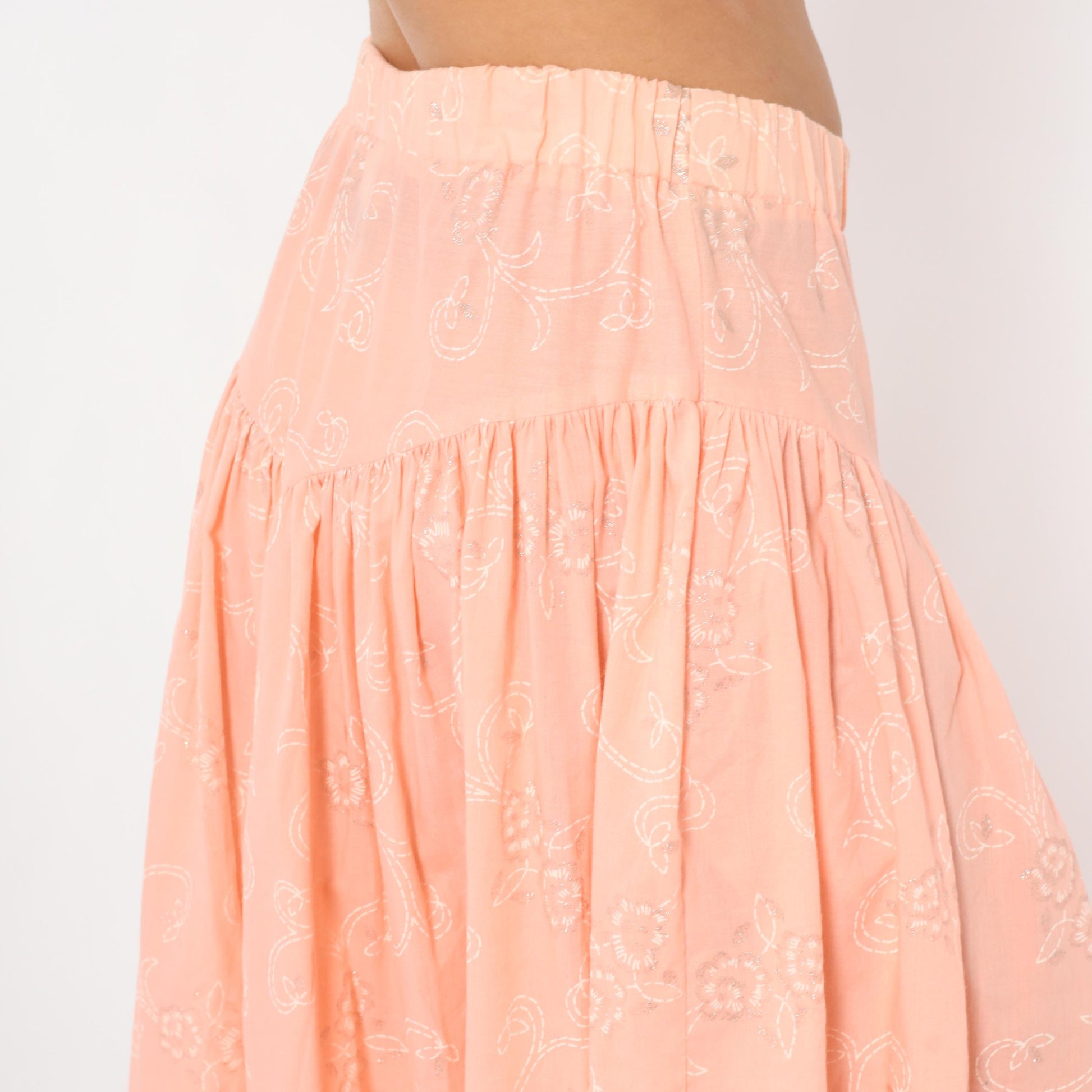 90s California Connection Peach Floral Midi Skirt Ruffled Hem Medium M
