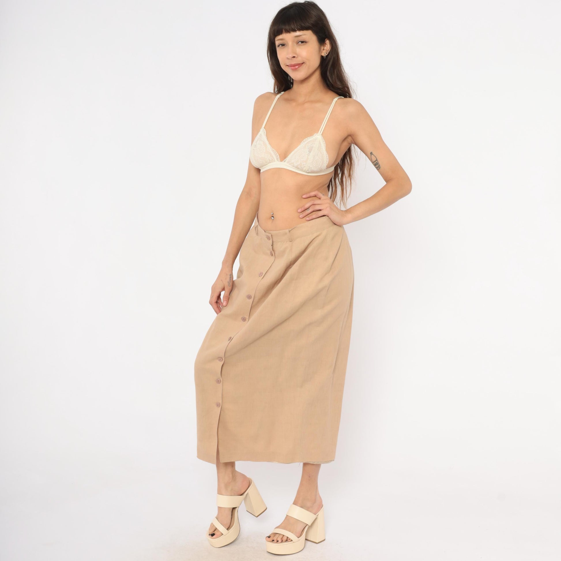 80s Carry Back Tan Linen Midi Skirt Button Front Medium M
