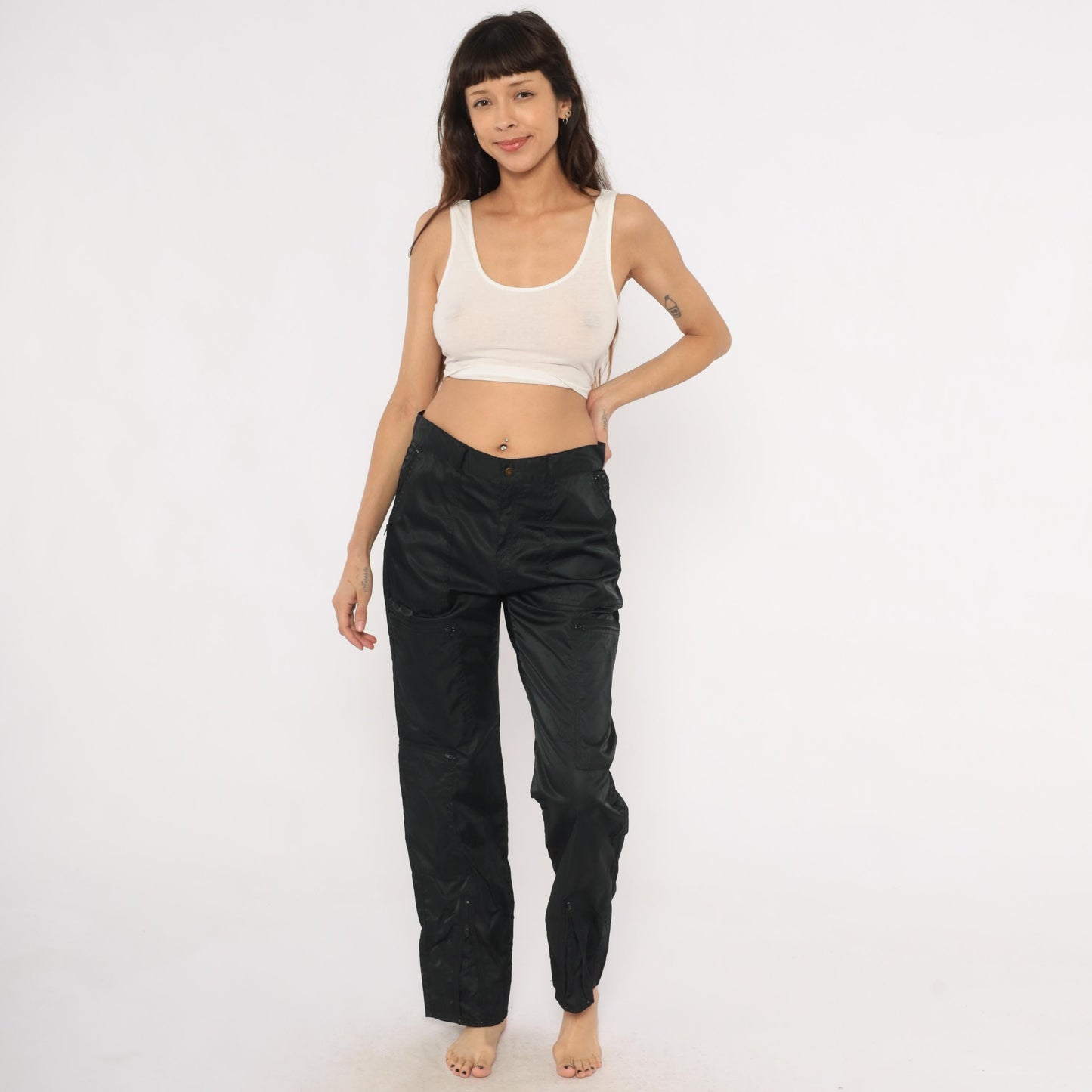 Y2K Black Nylon Cargo Pants Graffiti Low Rise Straight Leg Utility 32 Medium