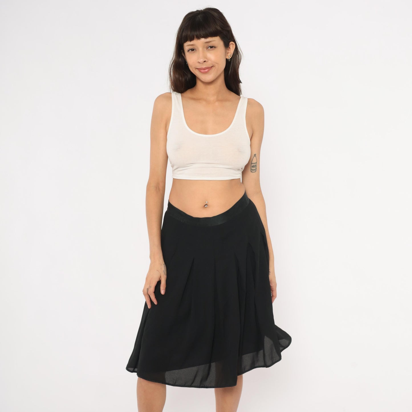 90s Liz Claiborne Black Pleated Knee Skirt A-Line Satin Waistband Large L