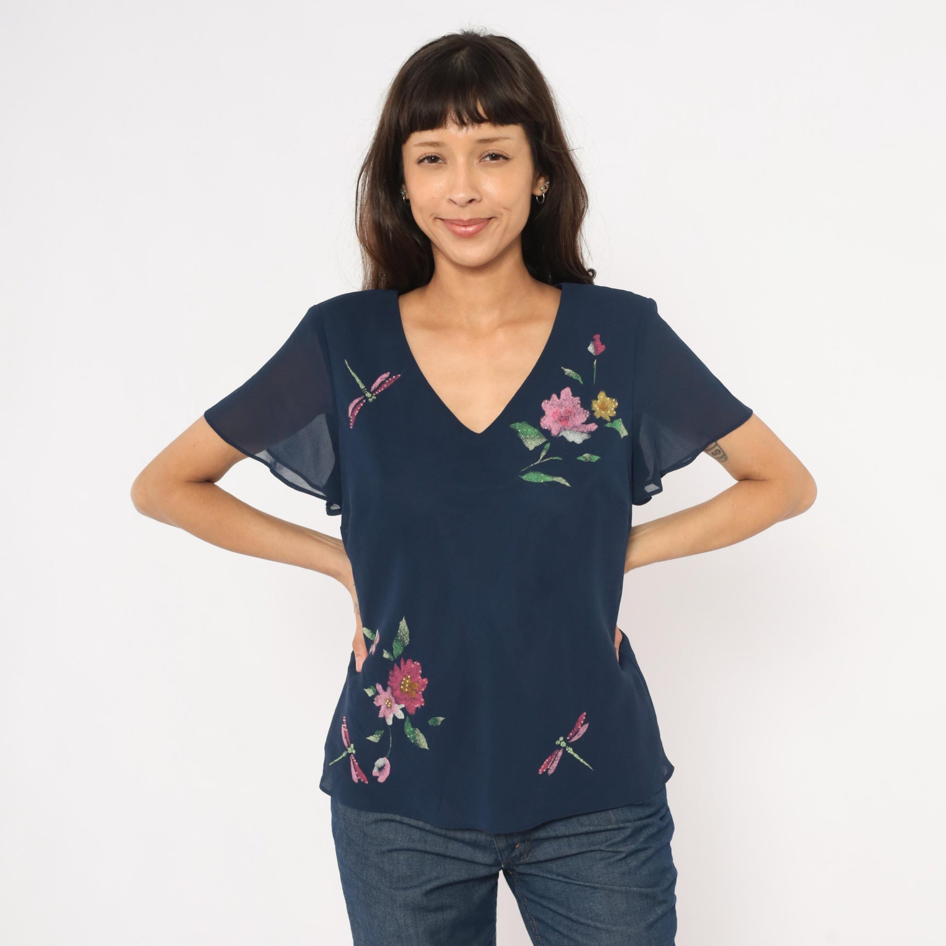 90s Karin Stevens Navy Floral Dragonfly Chiffon Blouse Flutter Sleeve Large L