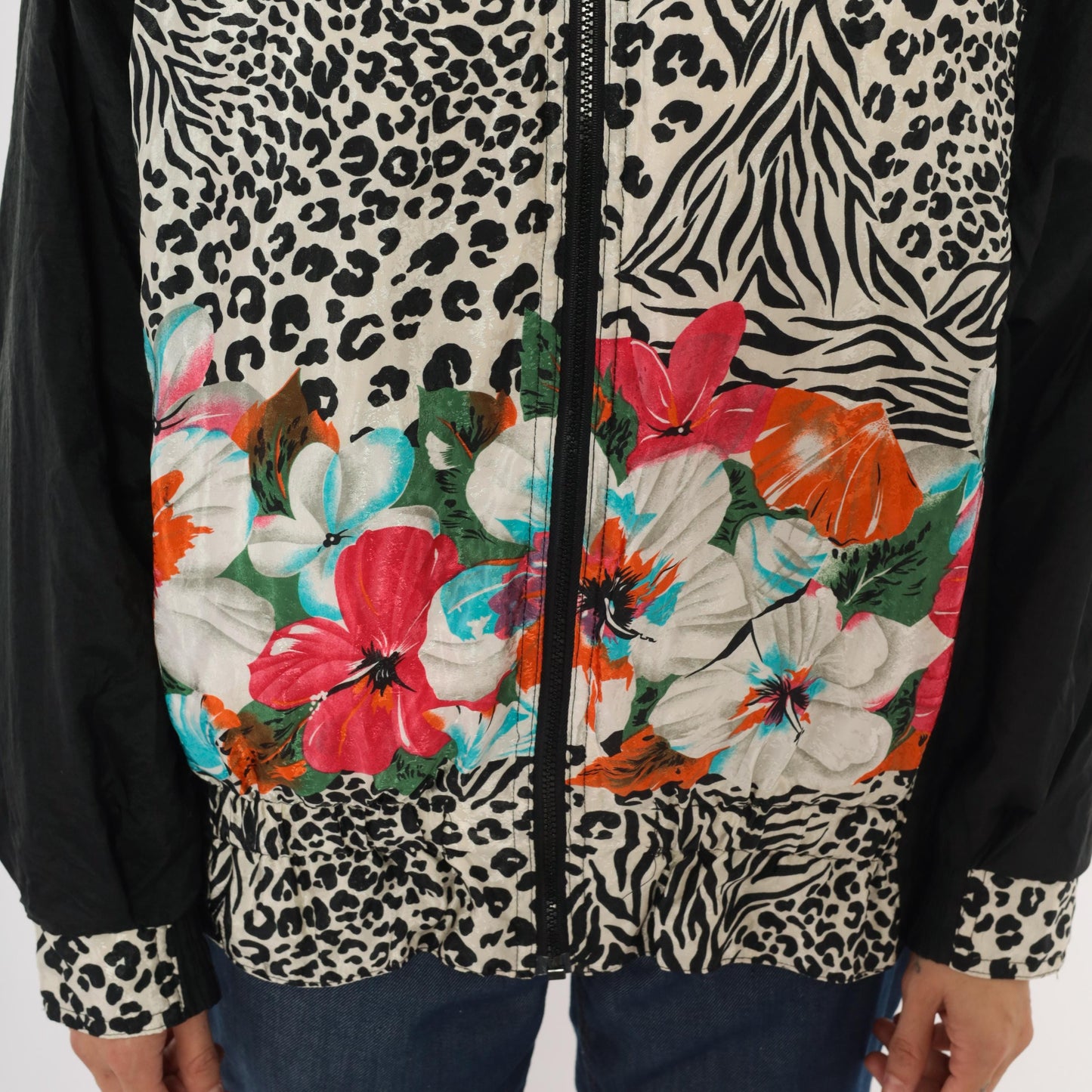 90s East West Leopard Zebra Floral Windbreaker Jacket Black Medium M