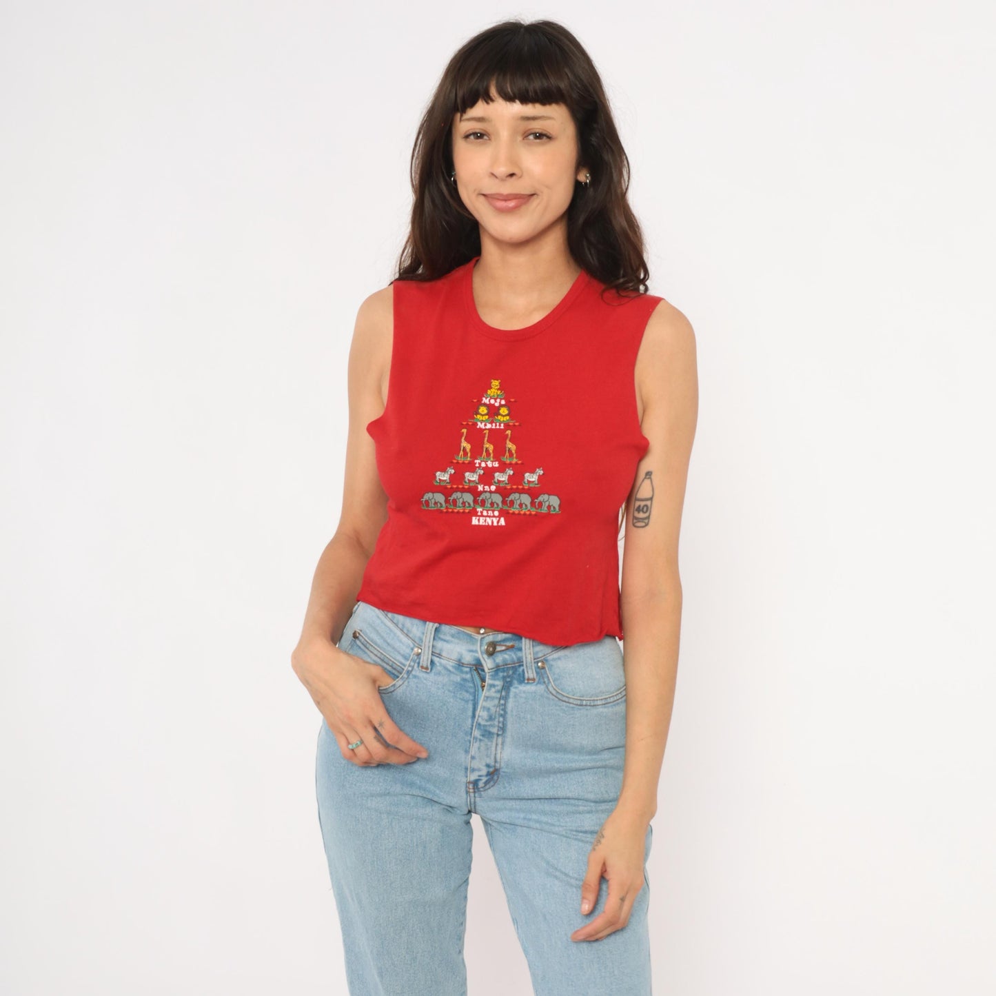 2000s Kenya Safari Animal Crop Tank Red Cotton Swahili Graphic XS