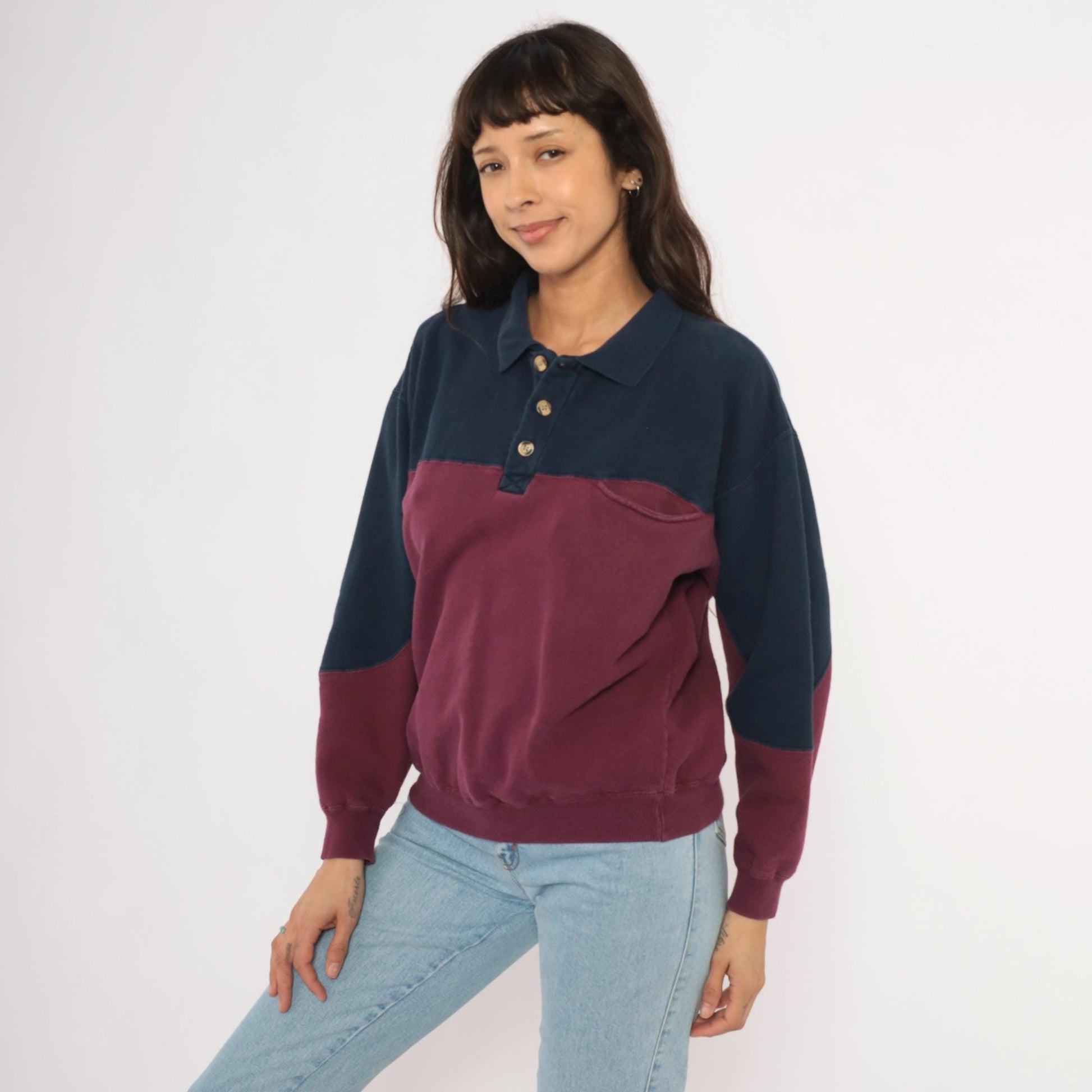 90s Werguard Color Block Polo Sweatshirt Navy Burgundy Cotton Medium M