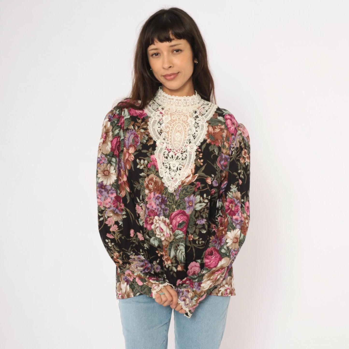 90s Scott McClintock Black Floral Blouse Lace Bib Puff Sleeve Extra Large XL
