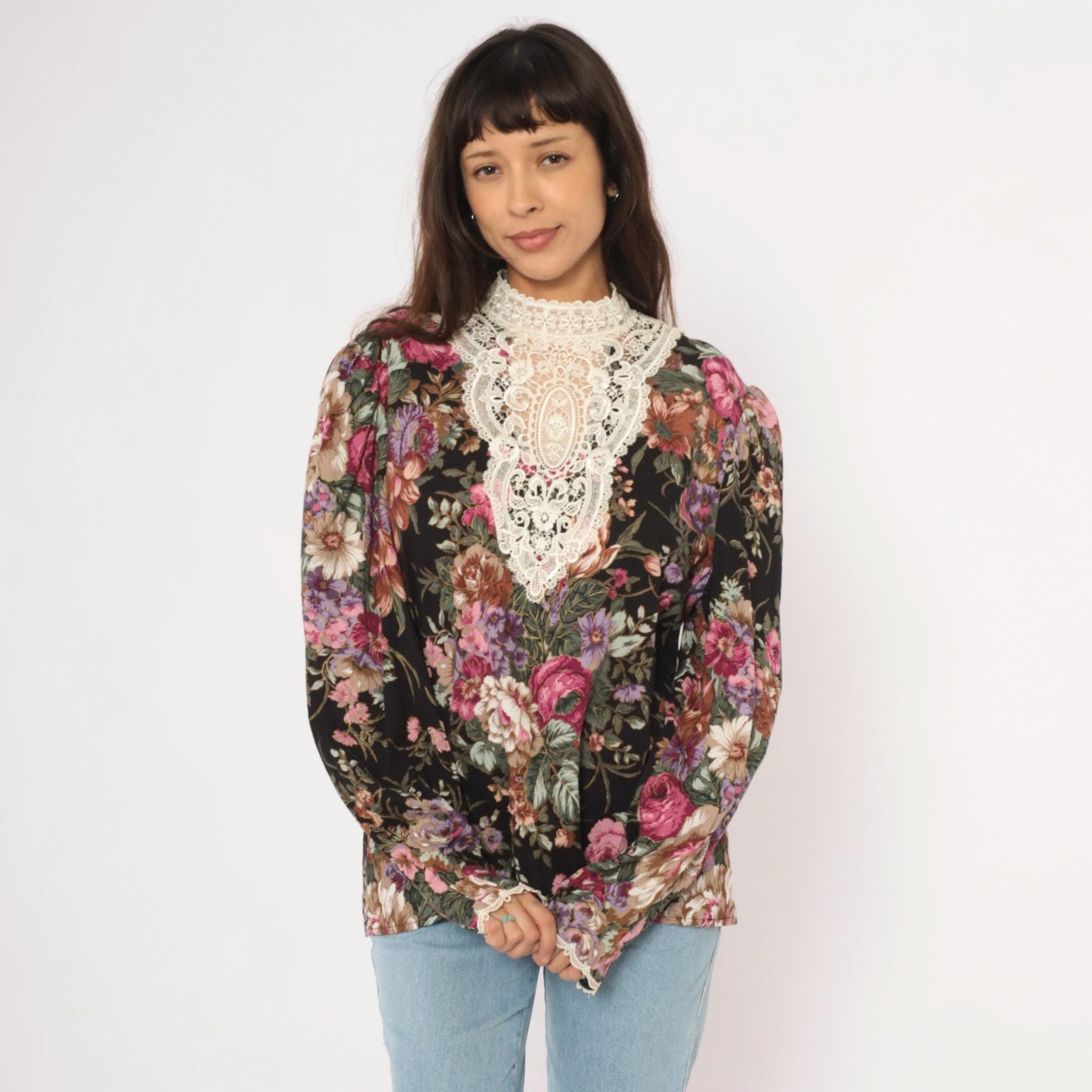 90s Scott McClintock Black Floral Blouse Lace Bib Puff Sleeve Extra Large XL