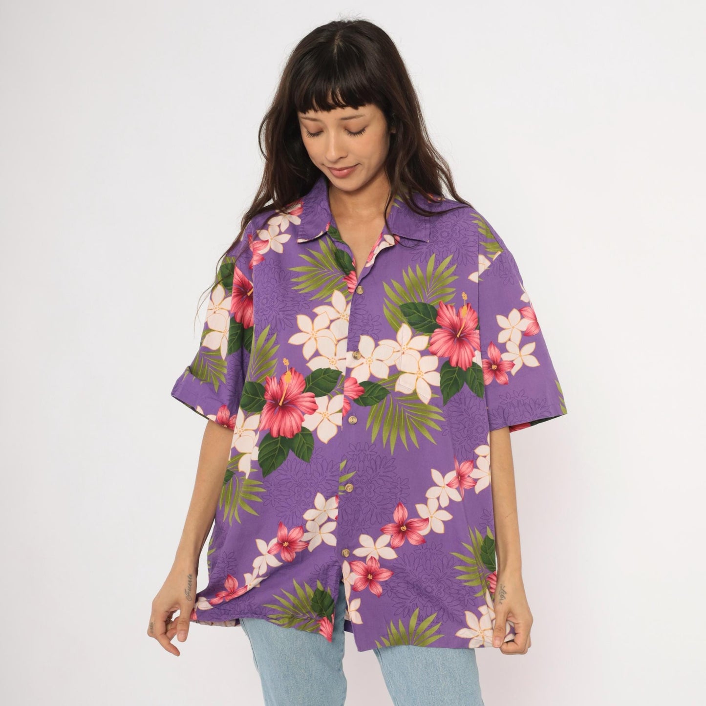 90s Purple Hawaiian Shirt Tropical Floral Hibiscus Plumeria Cotton Extra Large XL