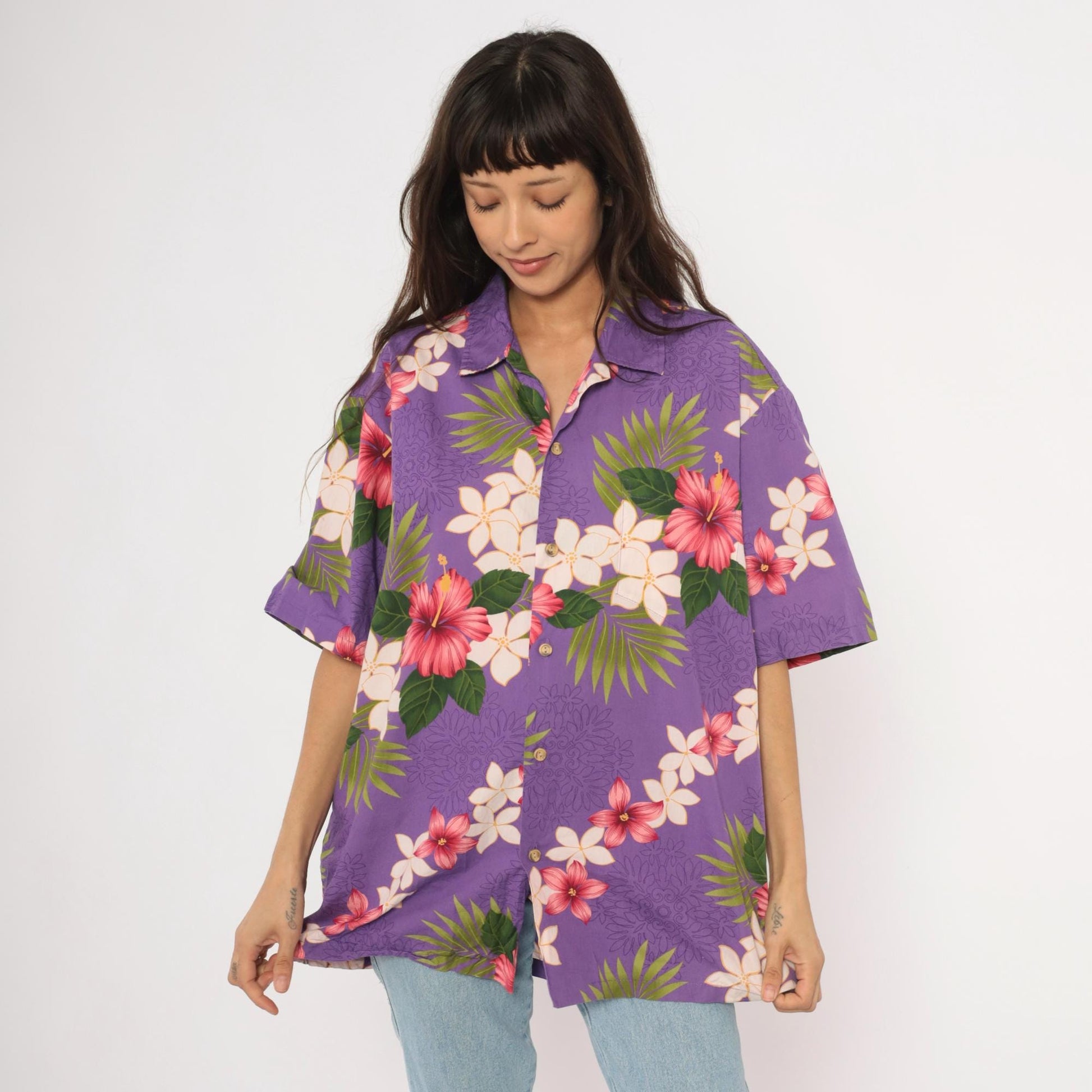 90s Purple Hawaiian Shirt Tropical Floral Hibiscus Plumeria Cotton Extra Large XL