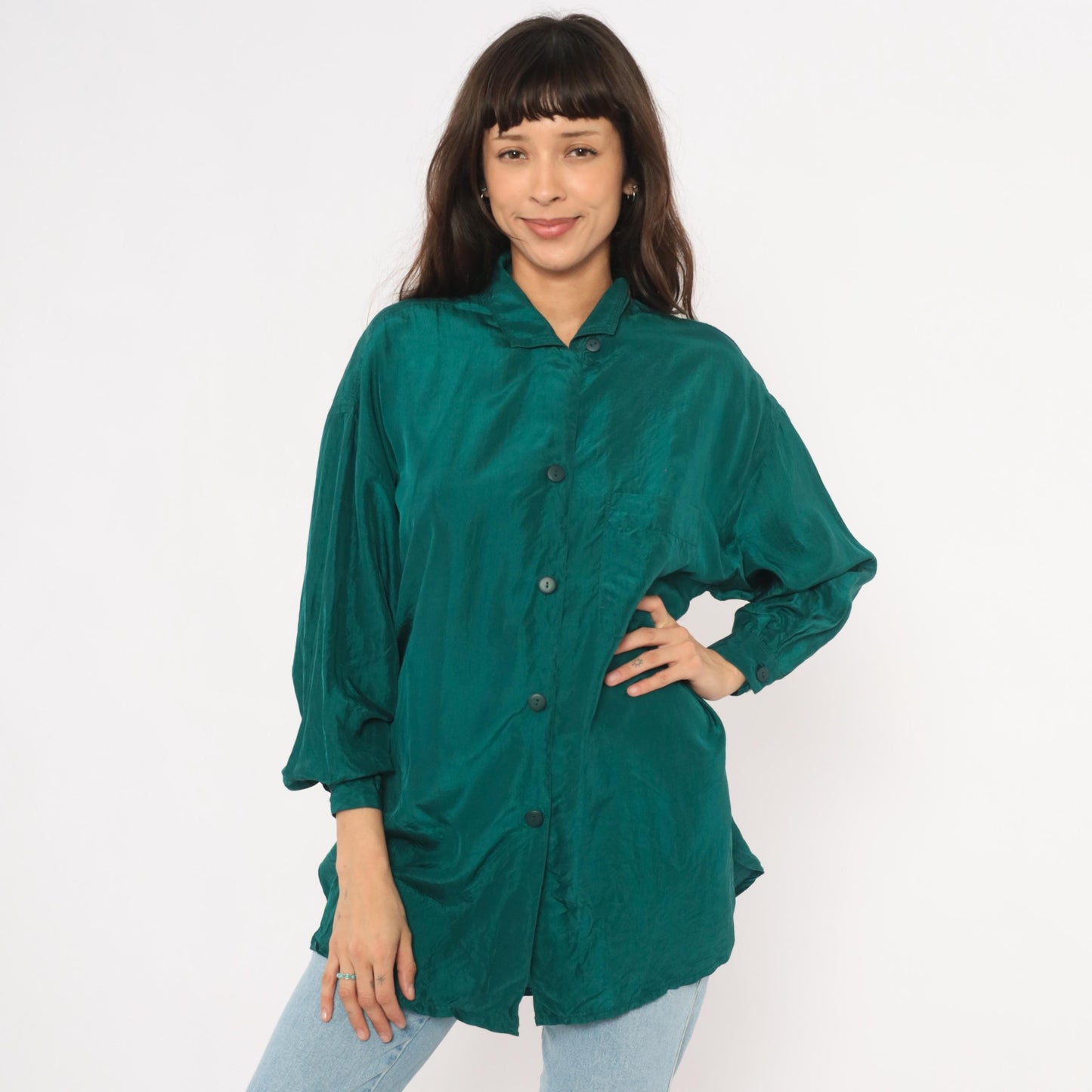90s The Limited Teal Silk Button Shirt Camp Collar Balloon Sleeve Small