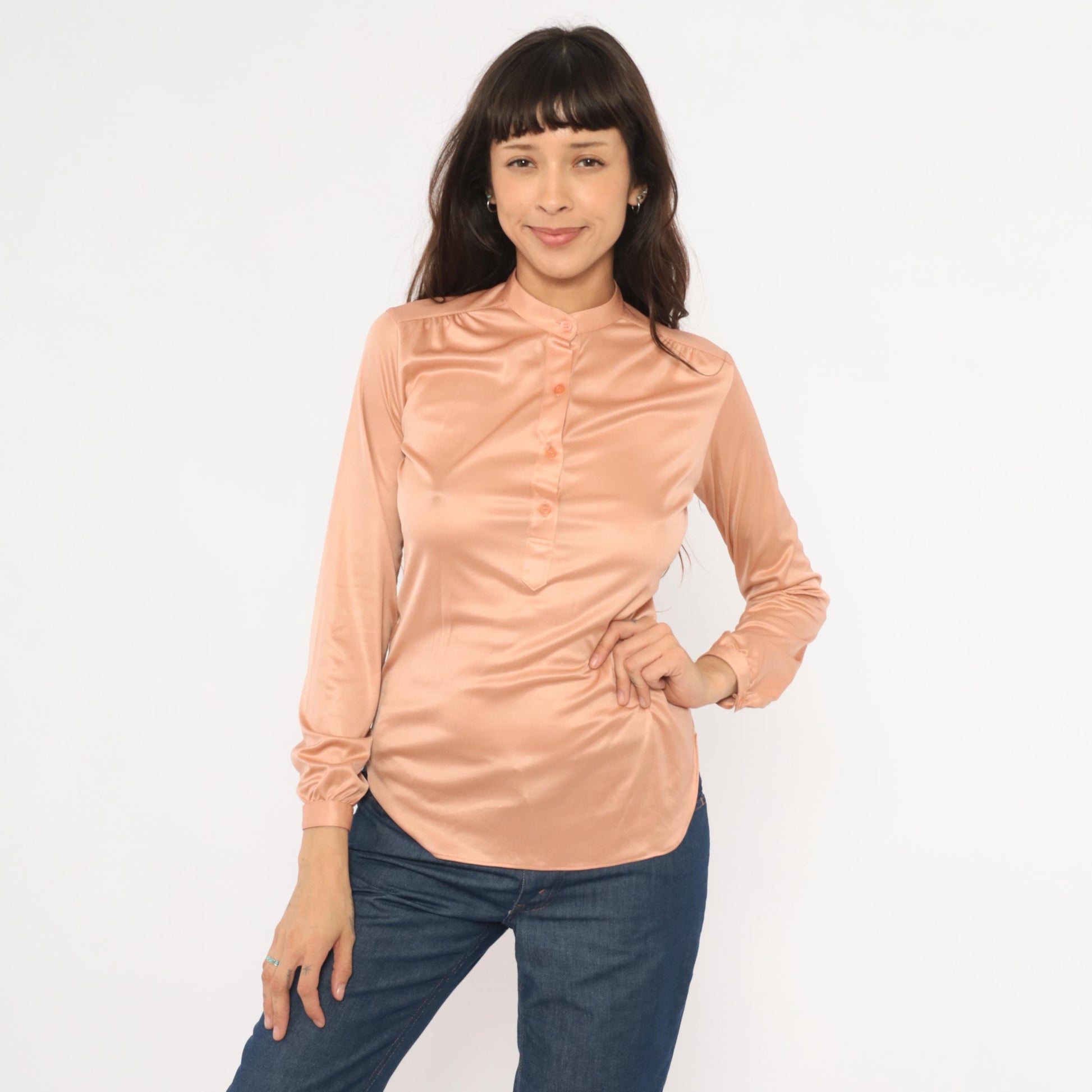 70s Spices Blush Pink Satin Blouse Mandarin Collar Long Sleeve Medium M