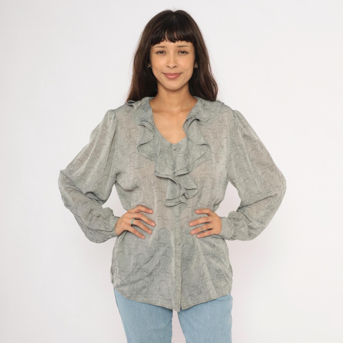 90s Christie & Jill Paisley Ruffle Blouse Grey Silver Button Front V Neck Large L