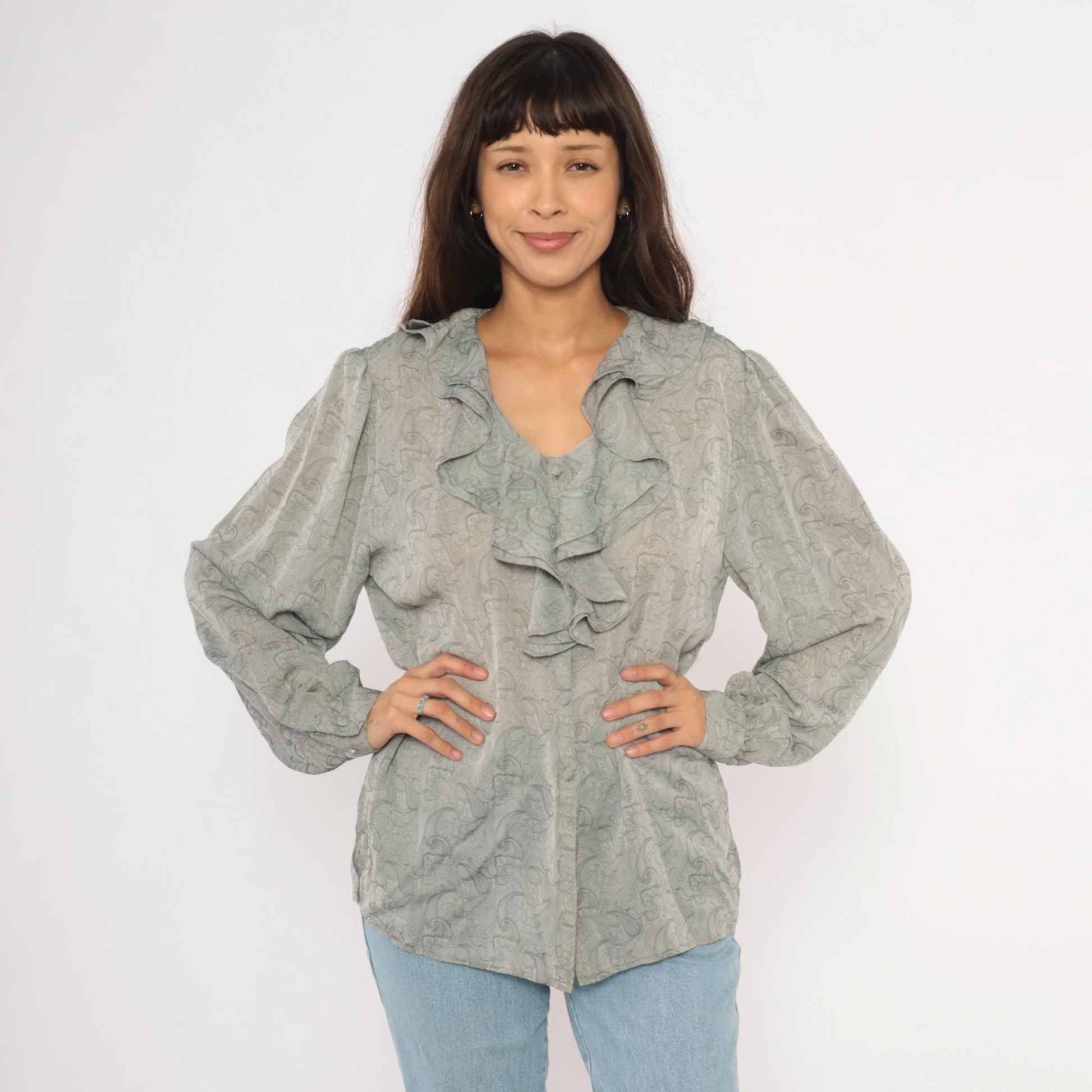 90s Christie & Jill Paisley Ruffle Blouse Grey Silver Button Front V Neck Large L