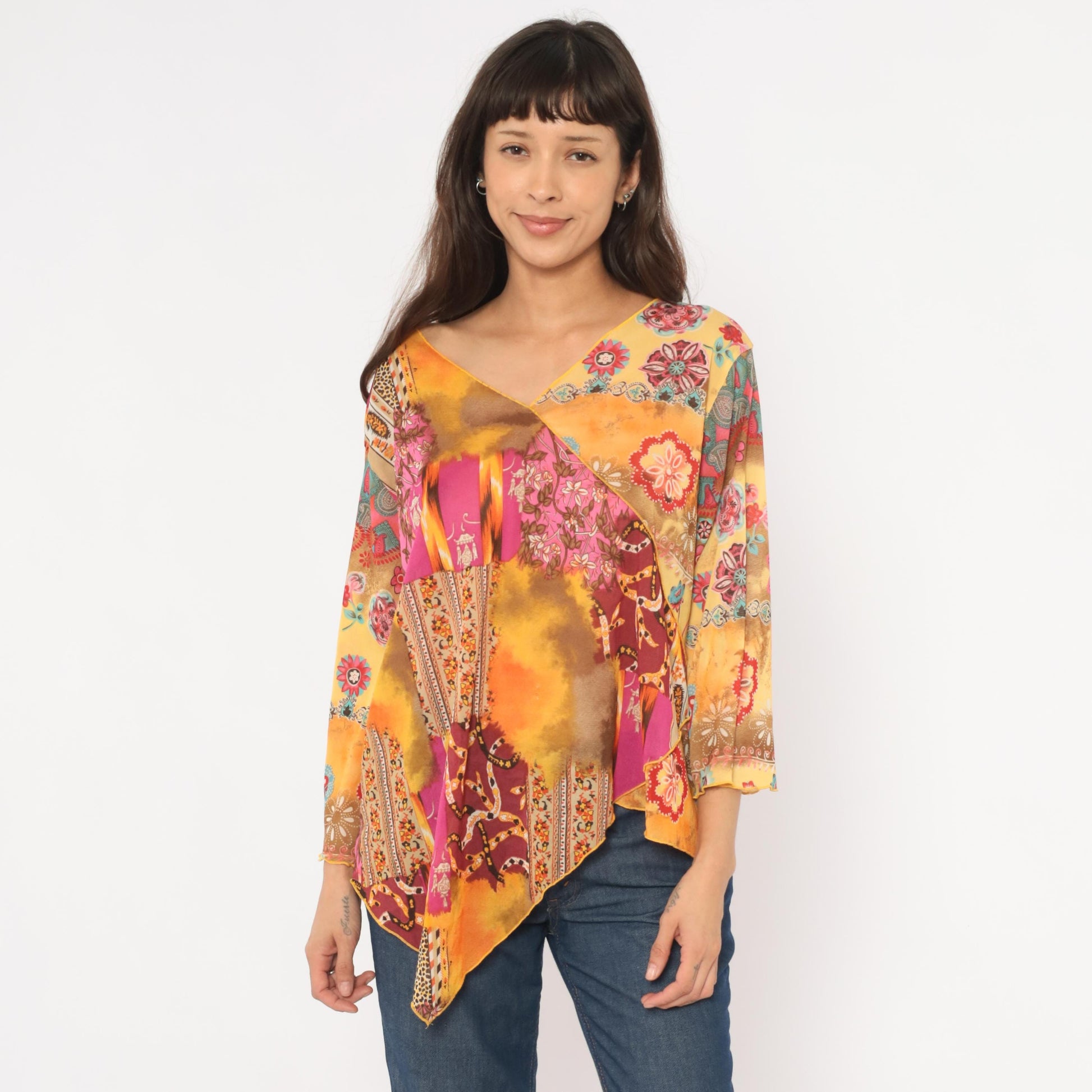 Y2K Studio Works Patchwork Blouse Paisley Floral Asymmetric Plus Size XXL