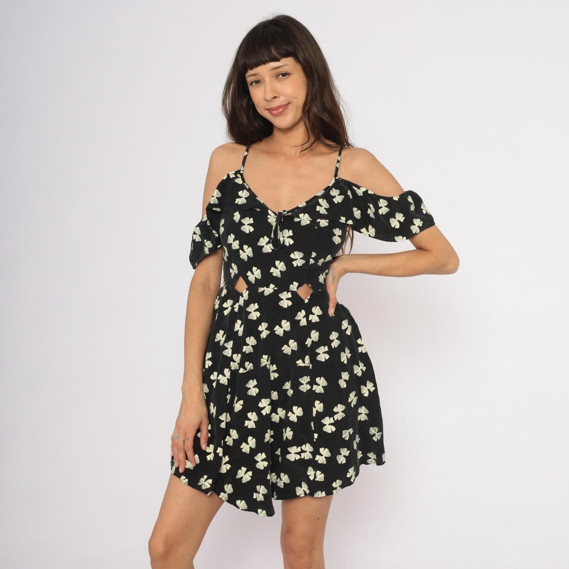 Y2K Black Cream Bow Print Mini Dress Cold Shoulder Cutout Small S