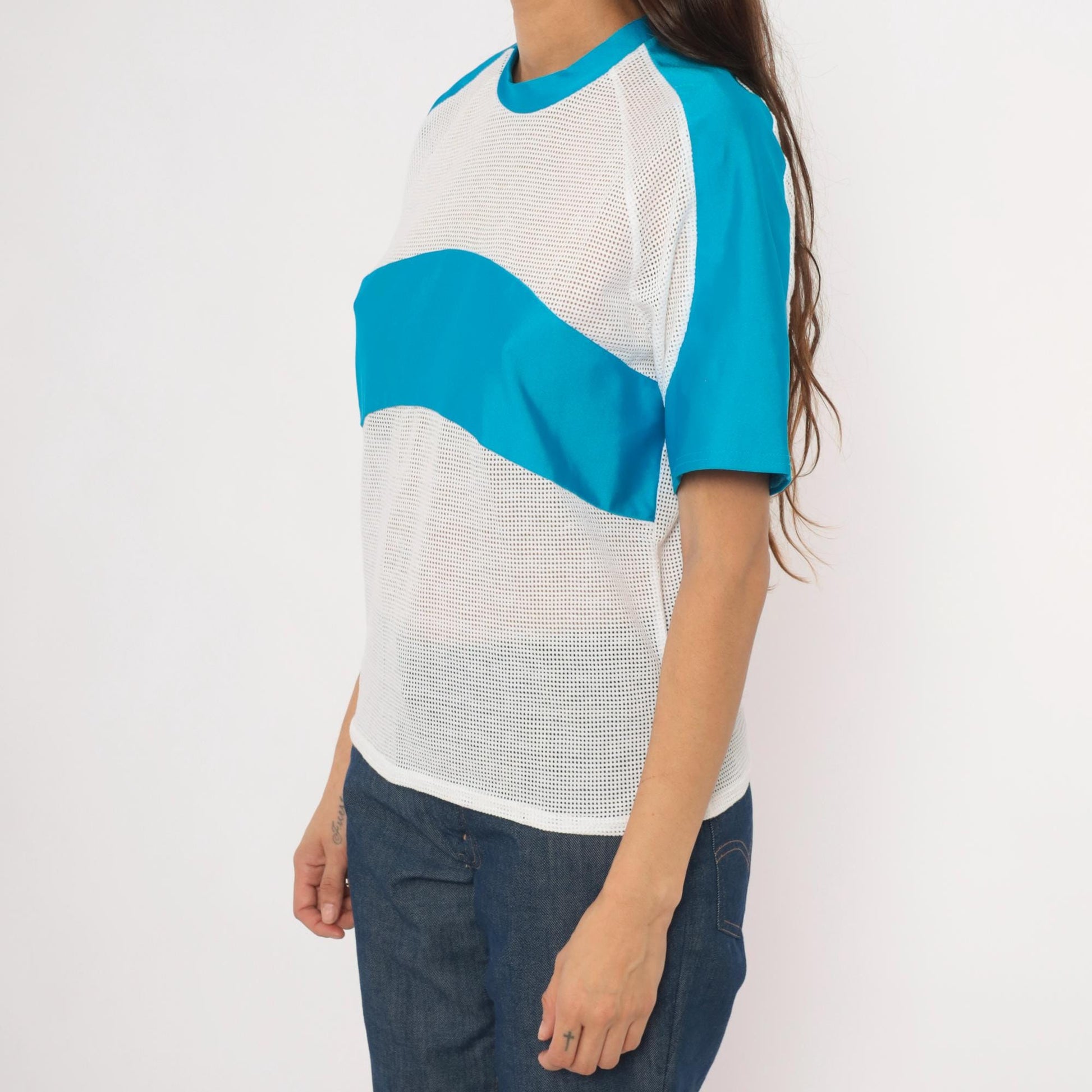 90s Kanu Mesh Panel Raglan Tee Blue White Colorblock Cotton Medium M