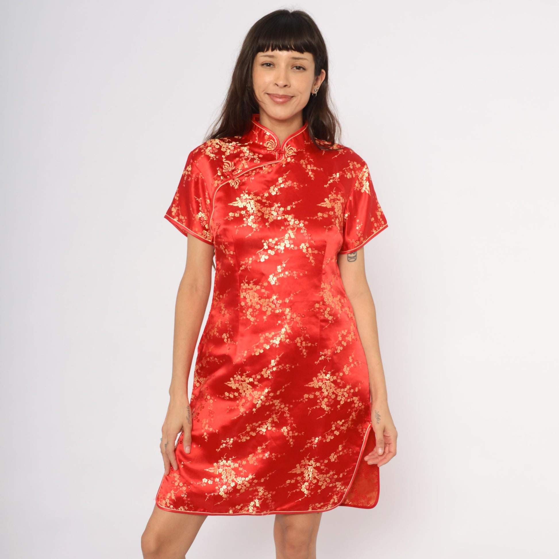 80s Xuan Tang Red Cheongsam Gold Cherry Blossom Qipao Plus Size XXL