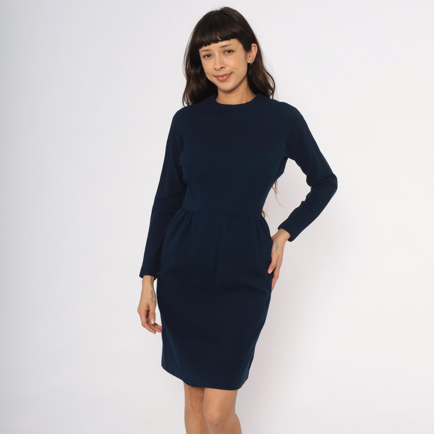 1950s Junior Sophisticates Navy Wool Dress Gathered Waist Knee Length Small