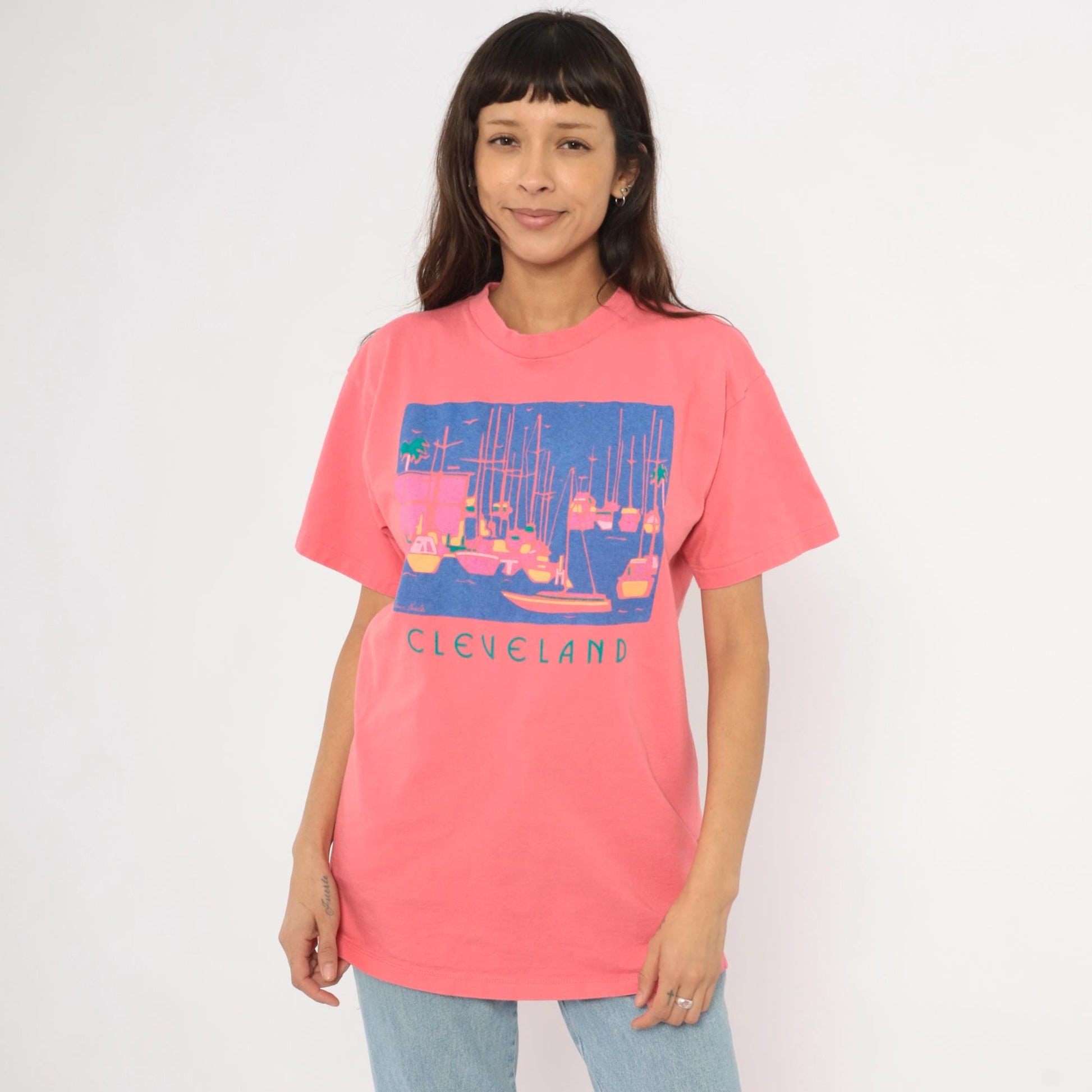 90s Eyecatcher Sportswear Cleveland Marina Tee Coral Pink Sailboat Graphic Extra Large XL