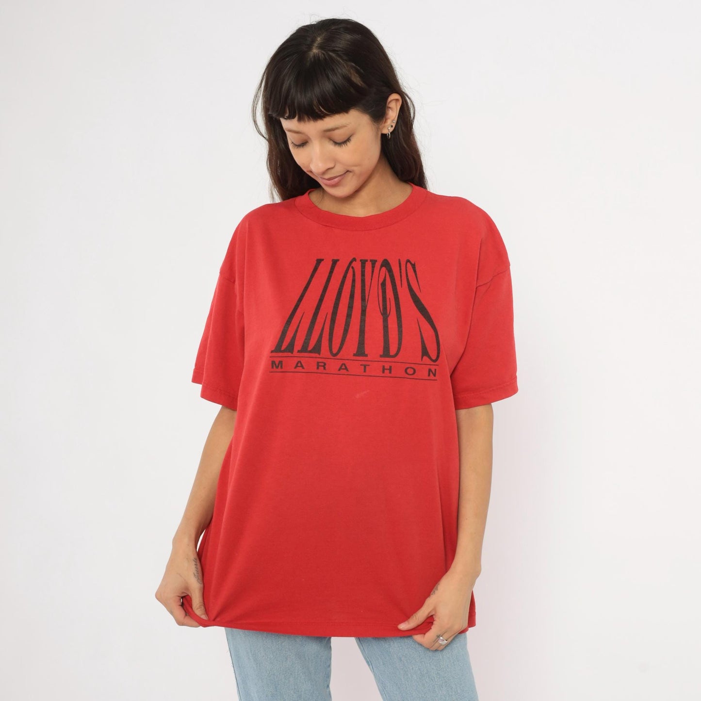 90s Lloyd's Marathon Tee Fruit of the Loom Red Graphic Coach Crewneck Extra Large XL