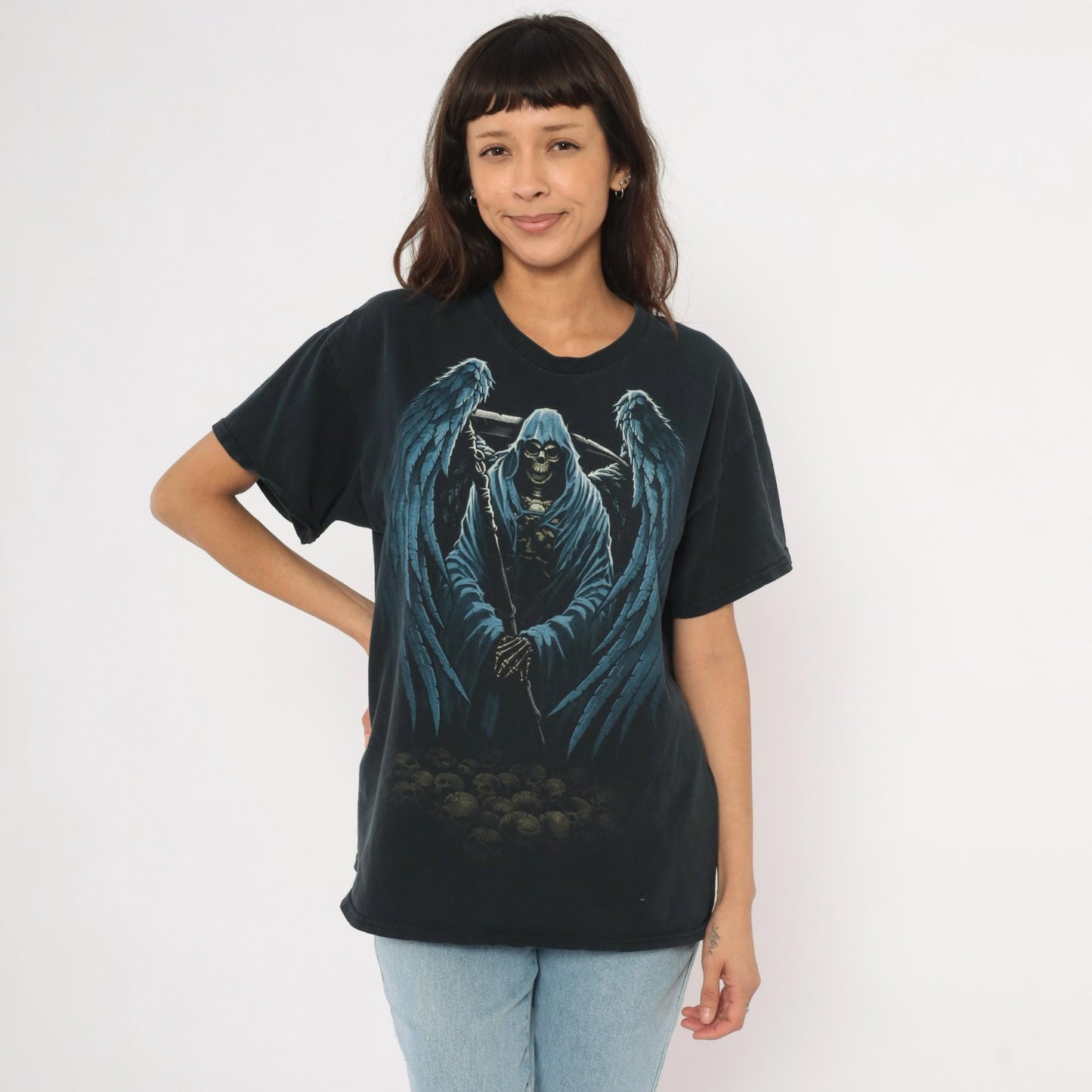 2000s Winged Grim Reaper Graphic Tee Black Cotton Gildan Large L