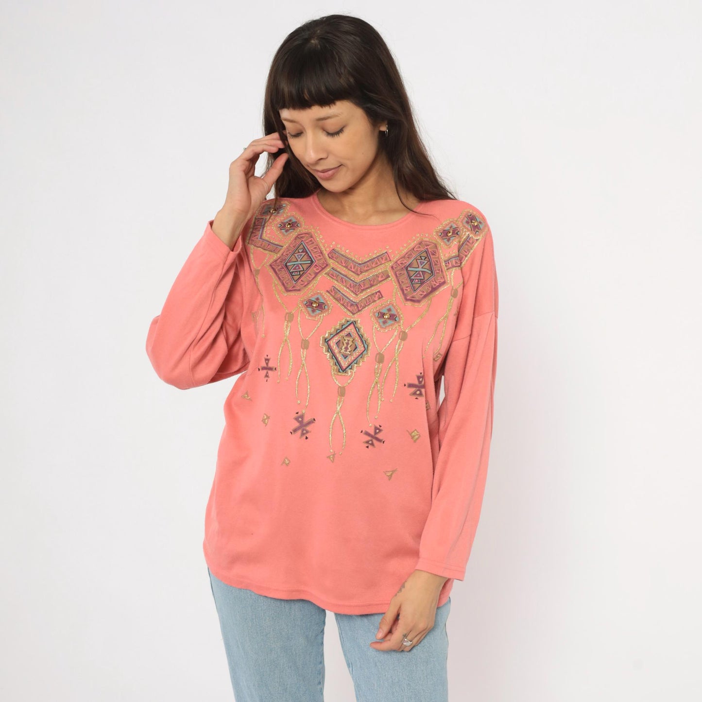 90s Sassy Sport Southwestern Crewneck Coral Pink Beaded Graphic Medium