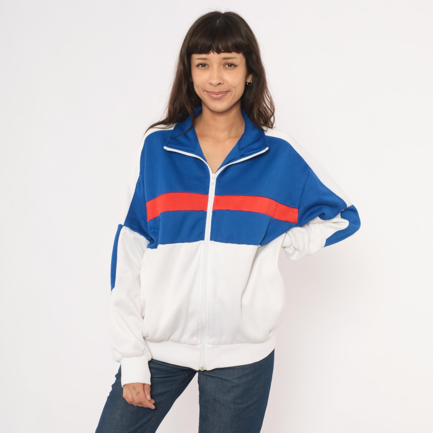 80s Pro Spirit Color Block Track Jacket Blue White Red Stripe Large L