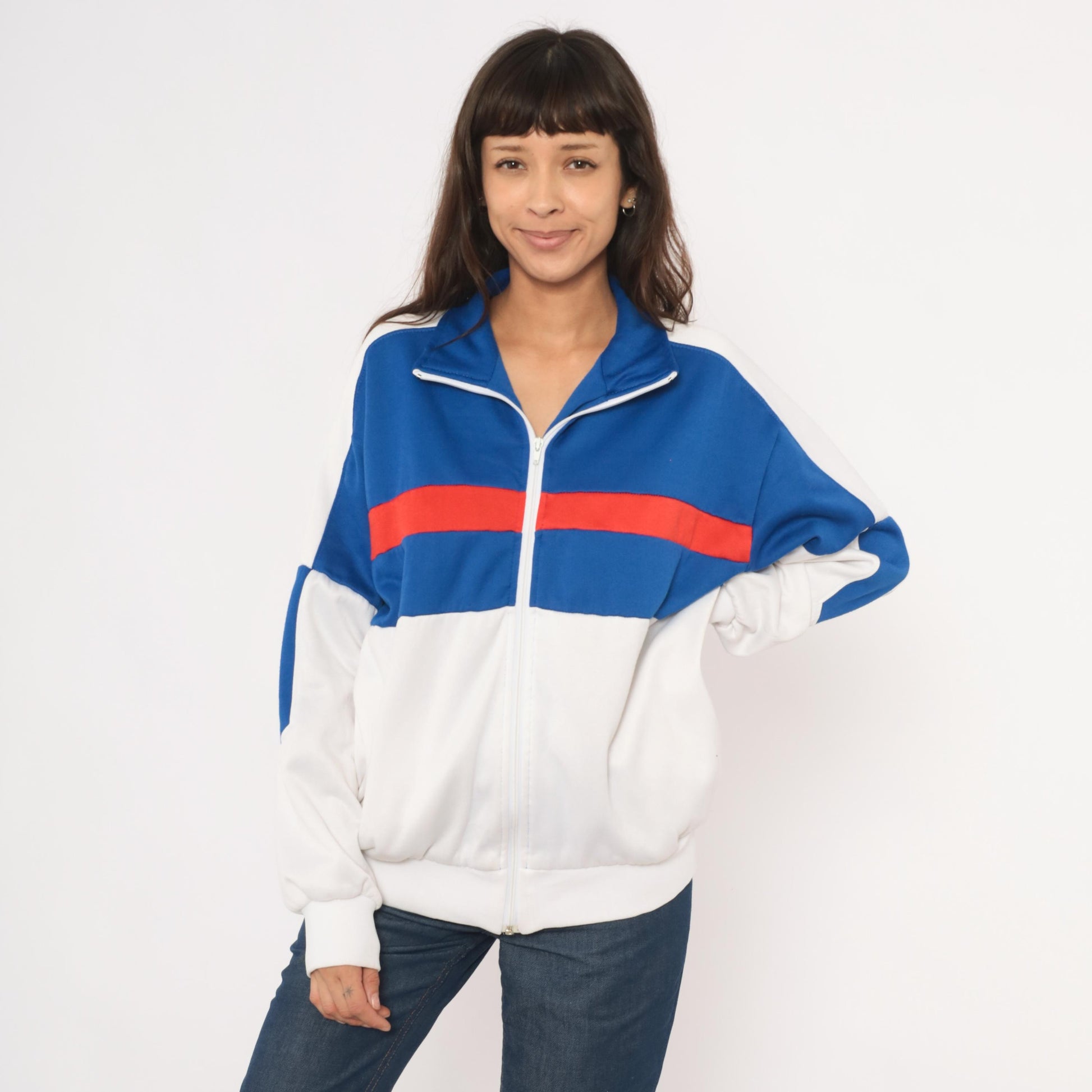 80s Pro Spirit Color Block Track Jacket Blue White Red Stripe Large L
