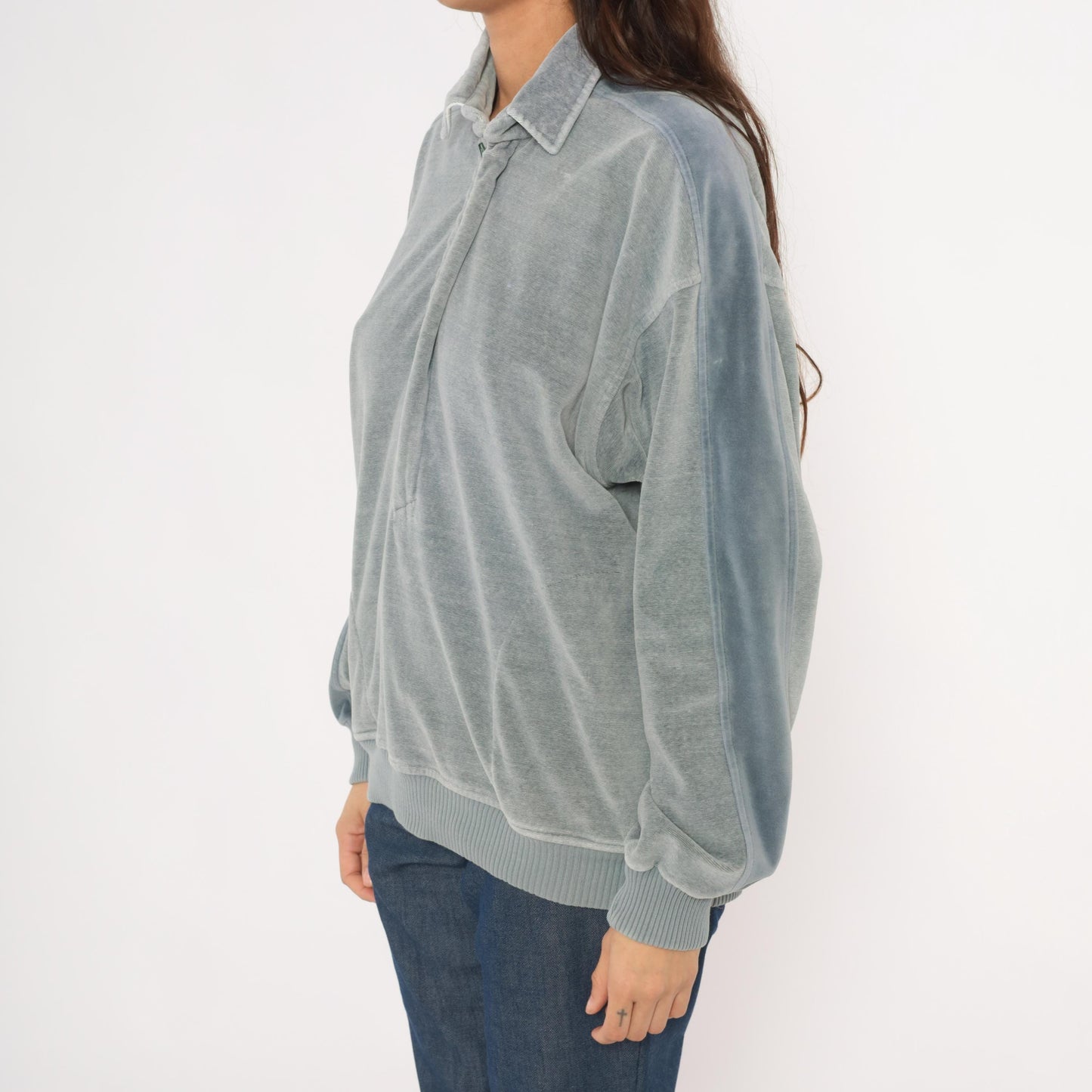 80s Damon Velour Polo Sweatshirt Grey-Blue Collared Pullover Medium M