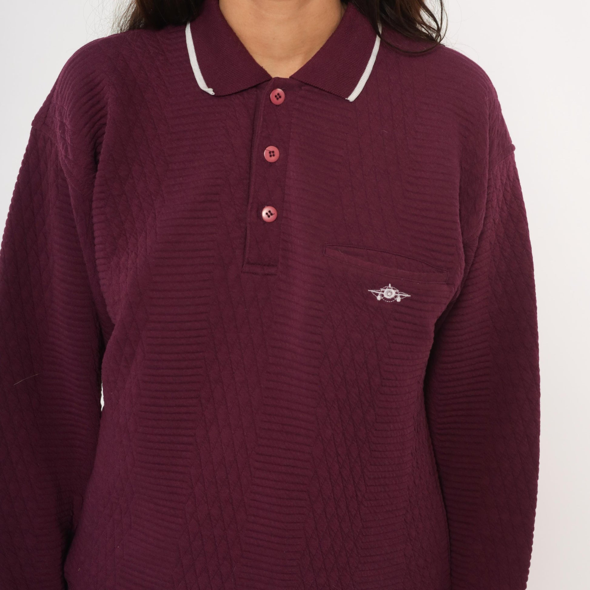 90s Green Line International Plum Polo Sweater Diamond Knit White Collar Medium M