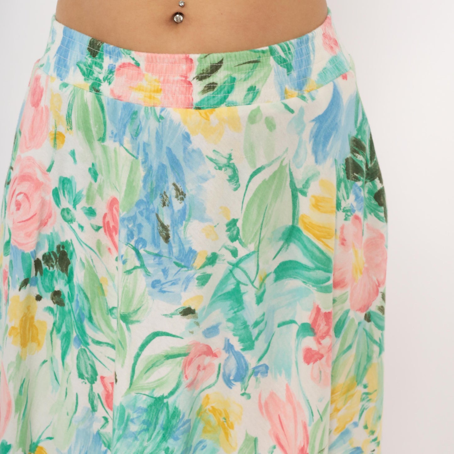 80s Dennis Goldsmith Floral Midi Skirt A-Line Pink Teal Green Medium