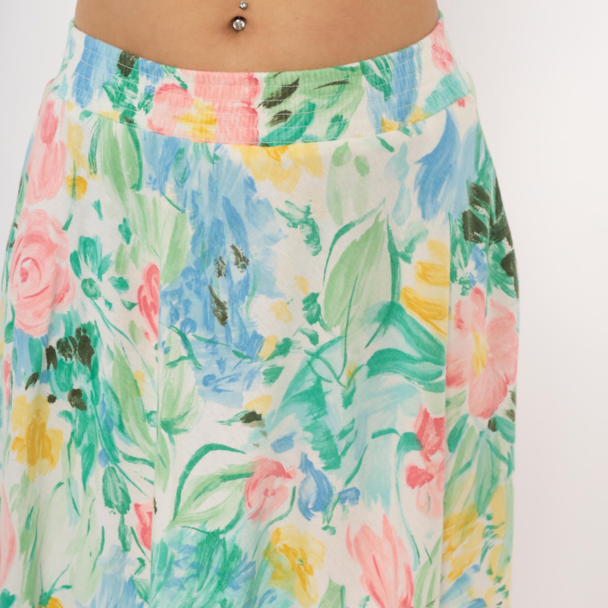 80s Dennis Goldsmith Floral Midi Skirt A-Line Pink Teal Green Medium