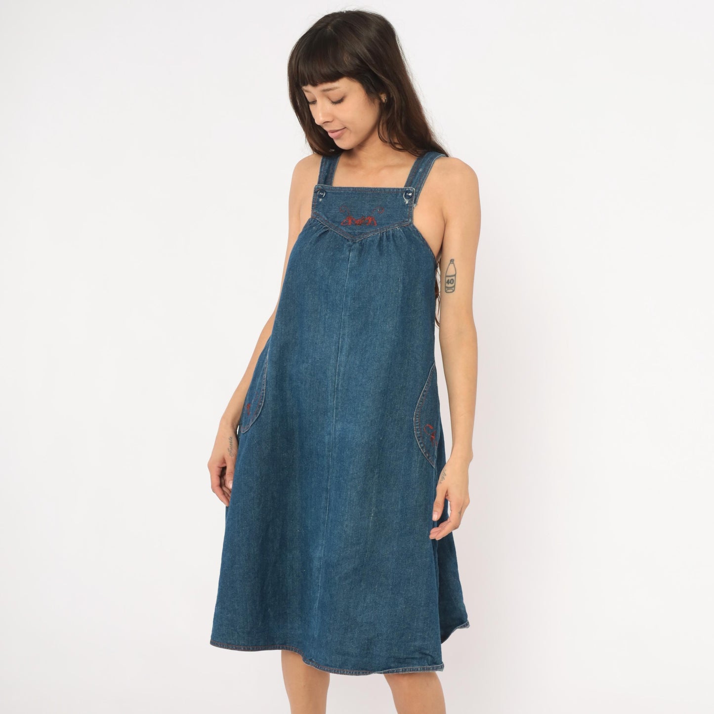 70s Joni Blair Denim Jumper Dress Blue Embroidered Pinafore XS