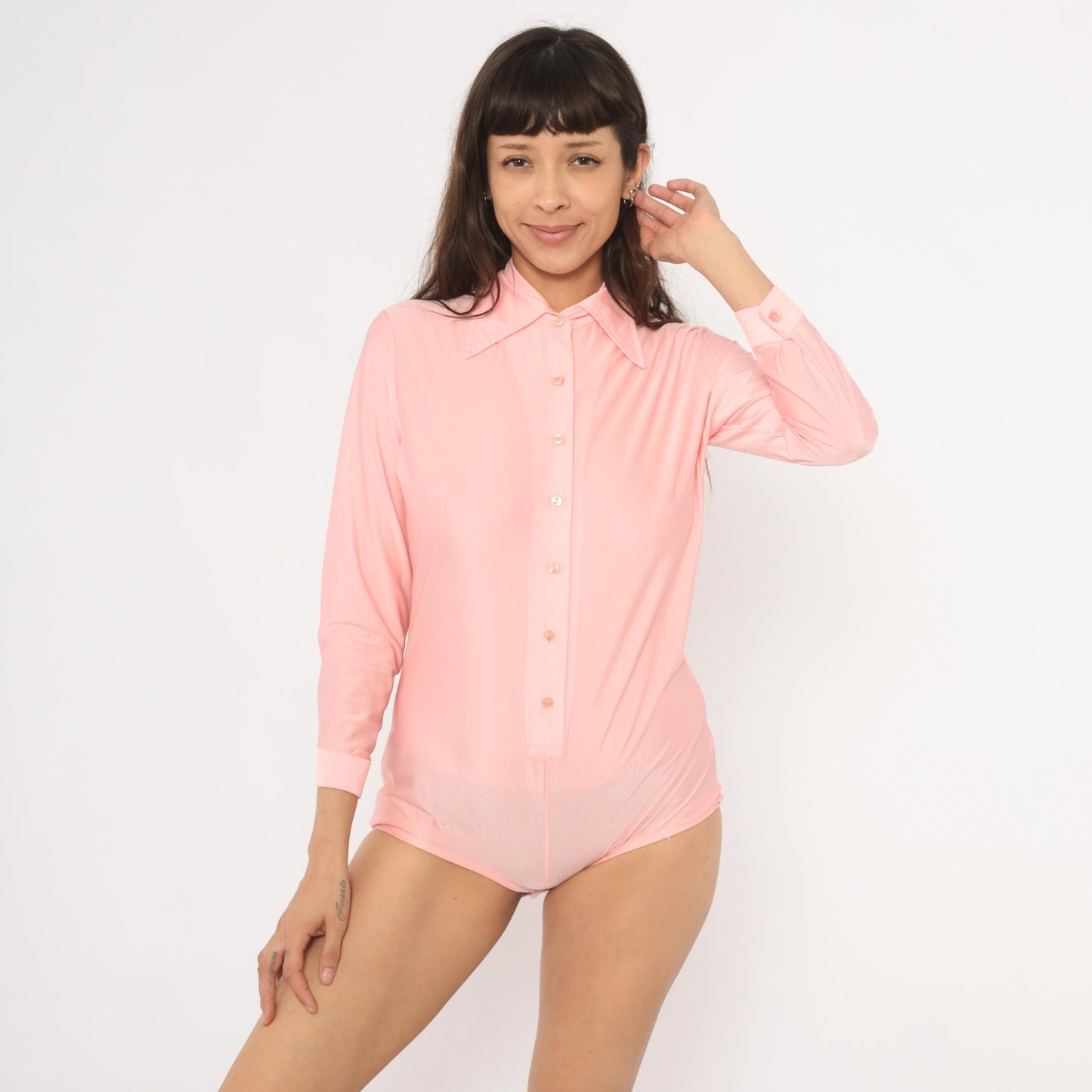 80s Imagnin Pink Bodysuit Blouse Pointed Collar Long Sleeve Large L