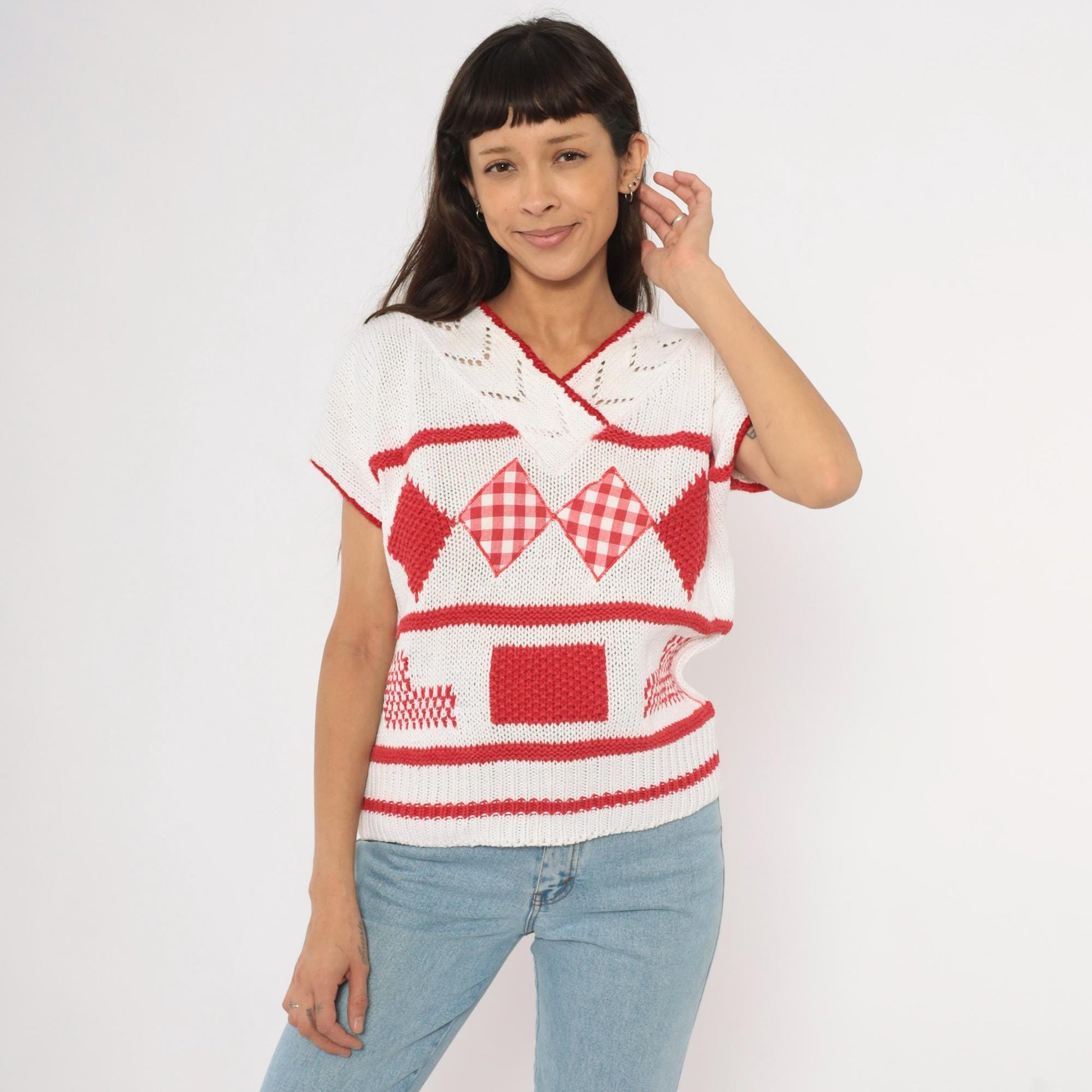 80s SML Sport Gingham Patchwork Knit Top White Red V-Neck Small