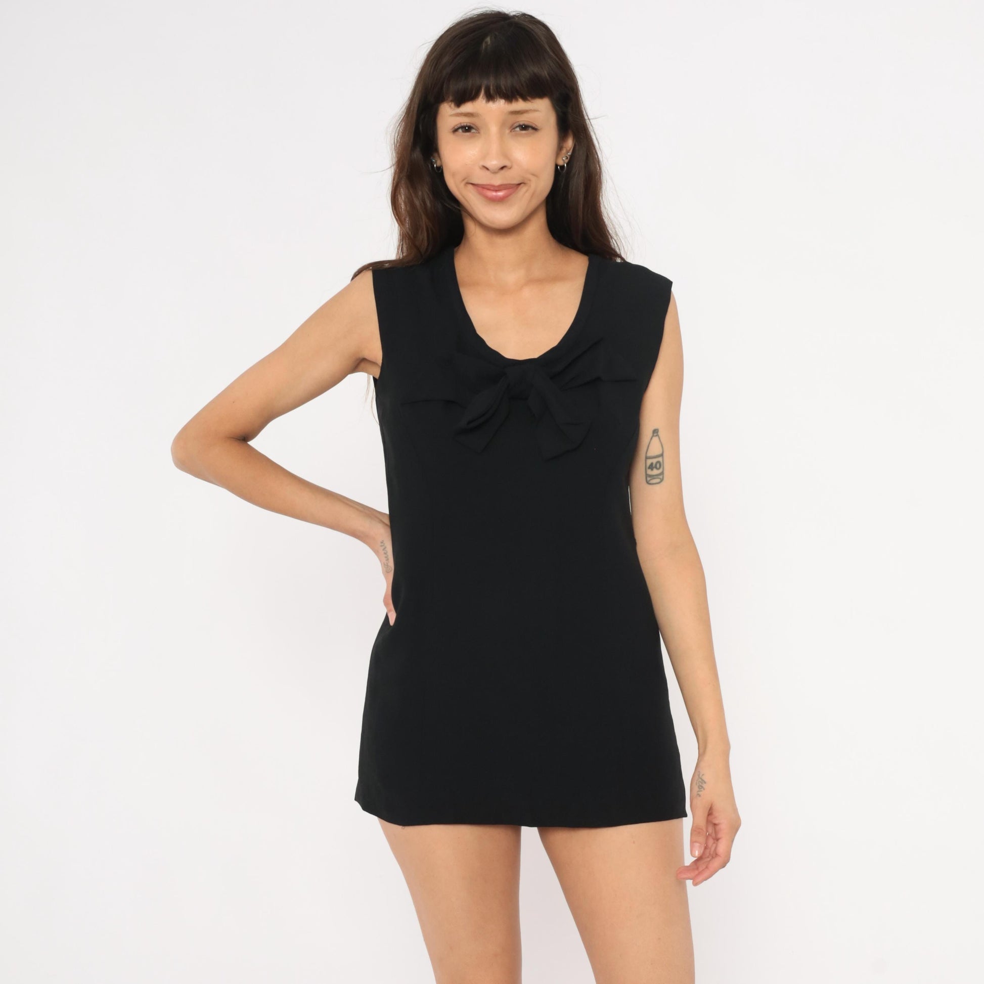 60s Mod Mini Dress Black Bow Front Sleeveless Shift Cocktail Small