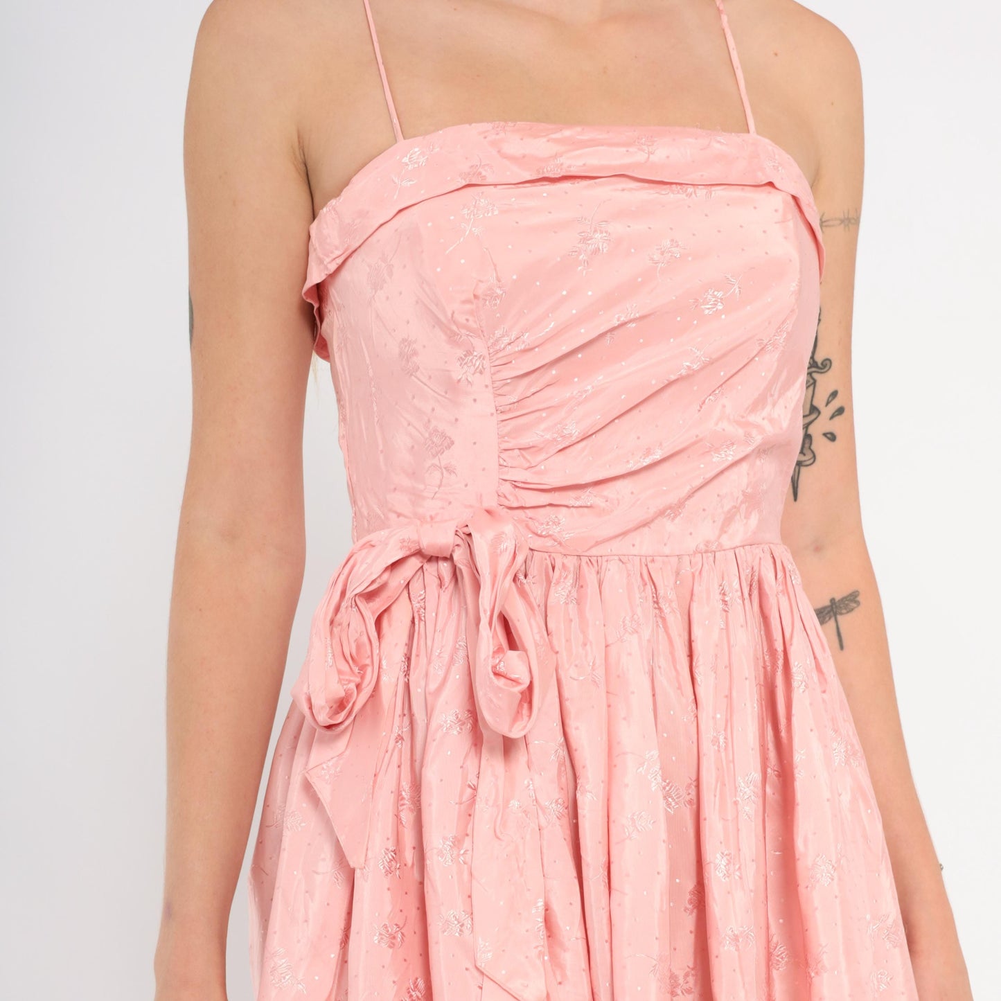 60s Pink Mini Dress Ruched Bodice Bow Waist Gathered Skirt Extra Small XS
