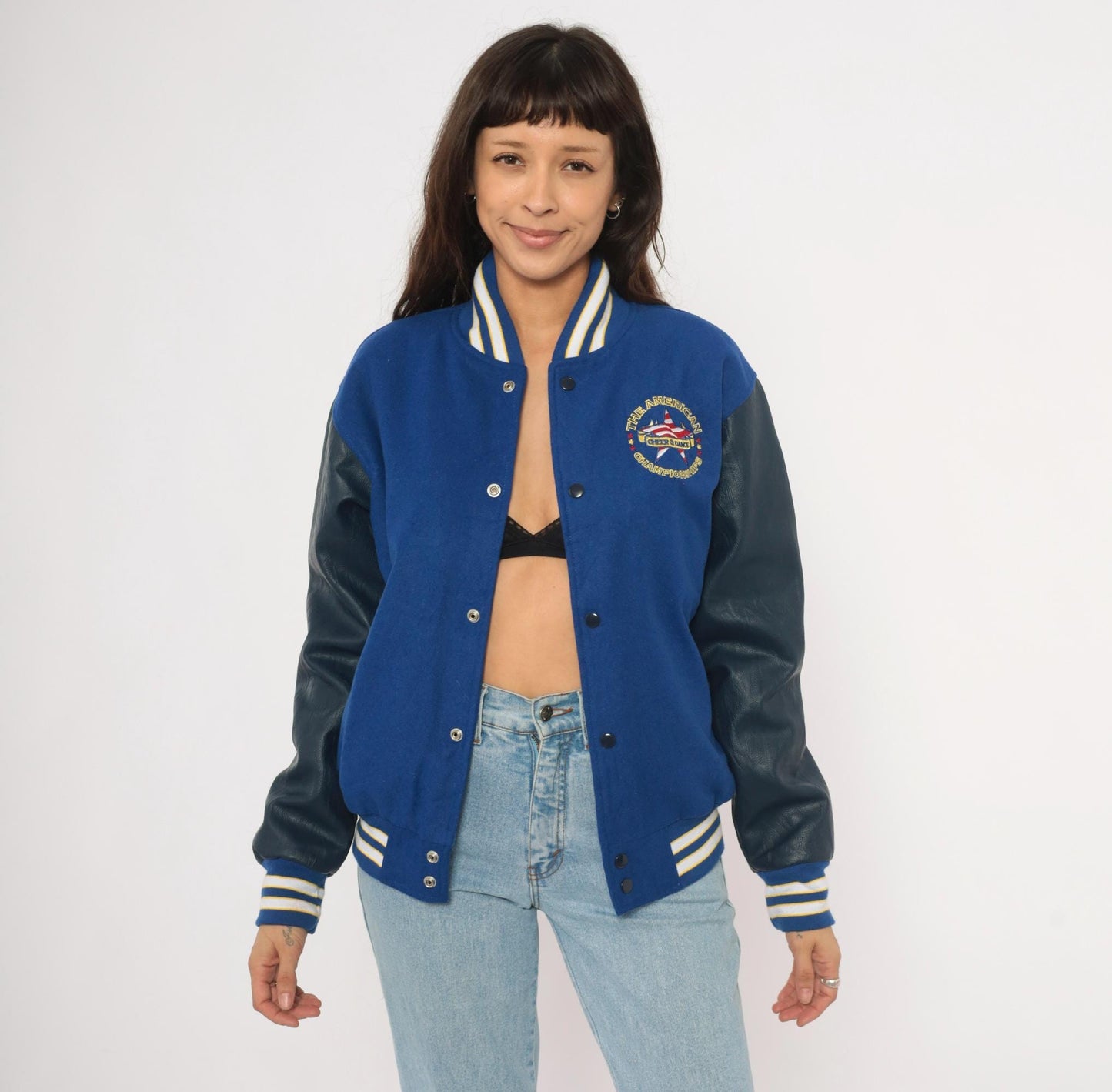 2000s Varsity Royal Blue Letterman Jacket Wool Leather Sleeve Championship Embroidered Small