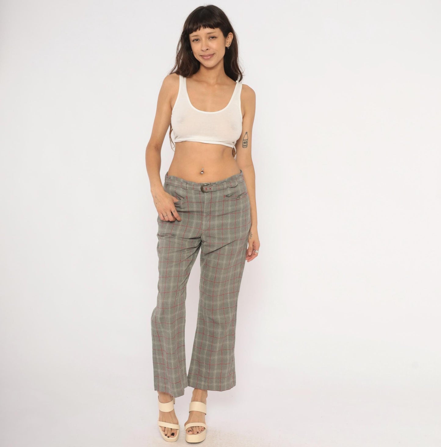 70s Grey Plaid Wool Blend Kick Flare Pants Red Windowpane Low Rise Medium M