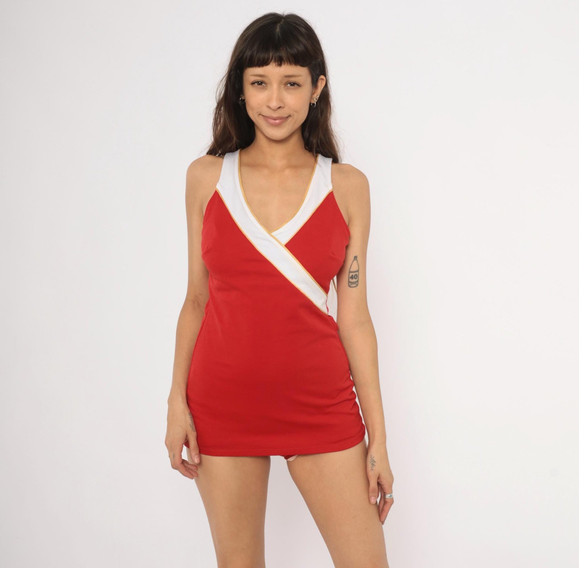 90s Ceeb Sportswear Red One-Piece Swimsuit Surplice Wrap Gold Trim Large L