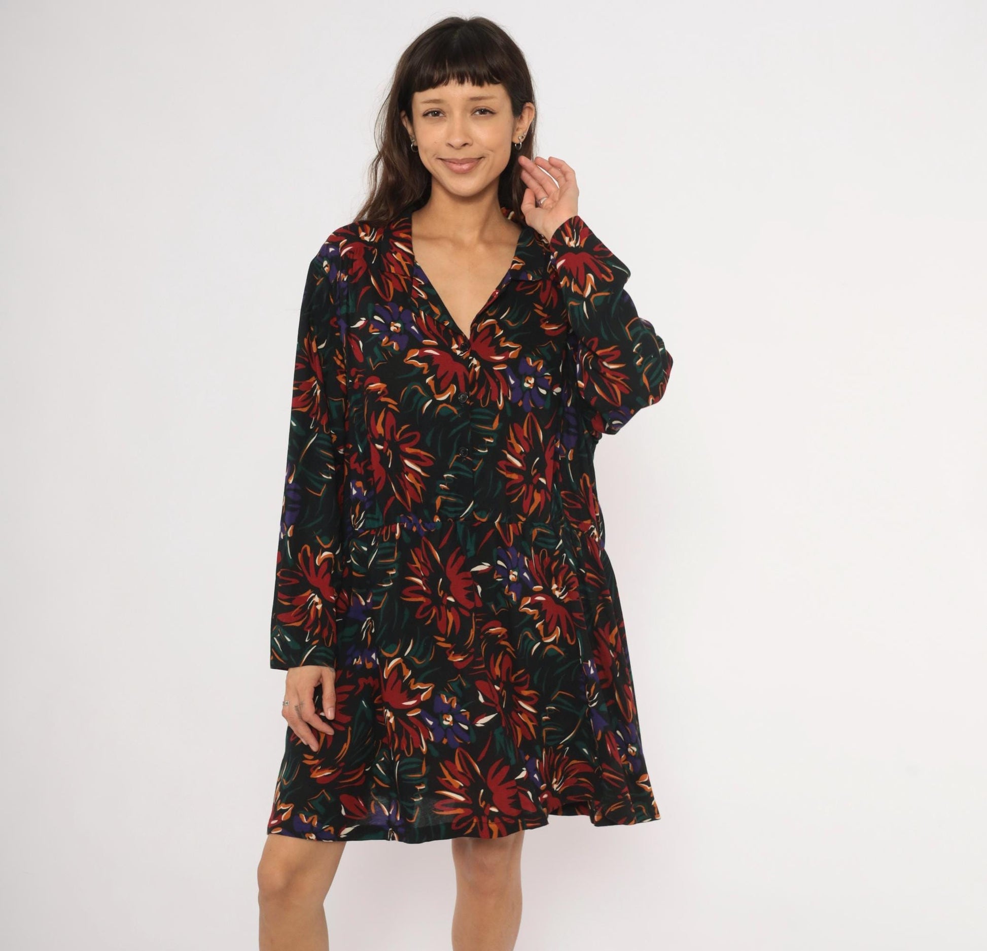 90s Sue Brett Collection Floral Mini Shirt Dress Black Burgundy Extra Large